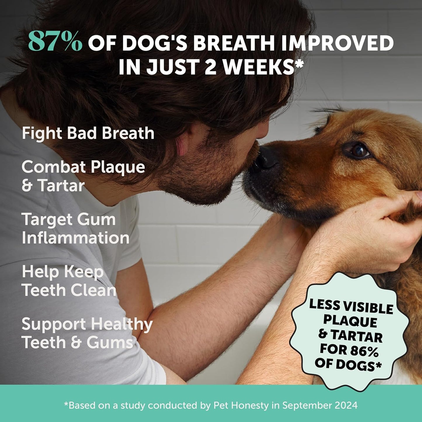Dog Breath Freshener Dental Powder - Teeth Cleaning Plaque off + Tartar Remover for Dogs - Care Supplement Food Topper with Kelp, HMP + Postbiotics for Healthy Gums - Mint Flavor (30 Servings)