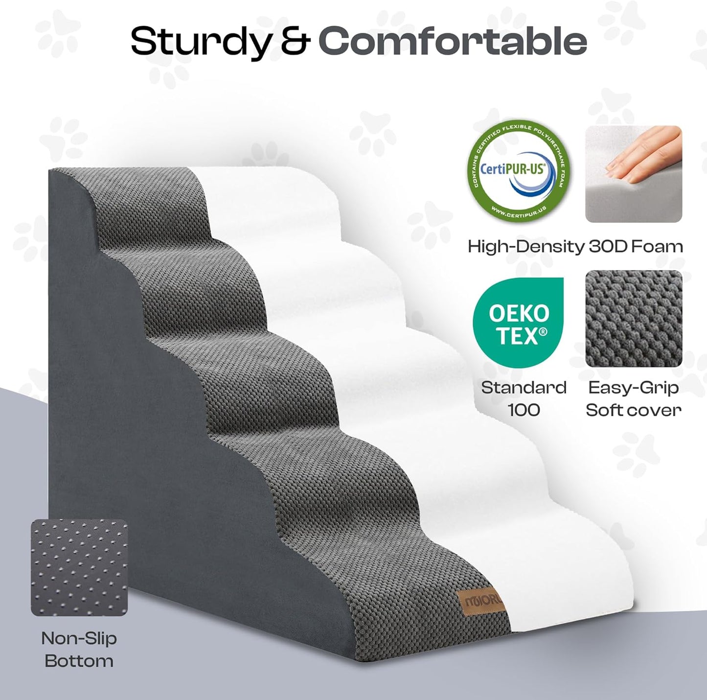 Extra Wide Dog Stairs for Large Dogs up to 80Lbs, 25" Pet Steps for High Bed with Washable Cover, 5-Step Foam Bed & Couch Ladder for Small Medium Dogs & Senior Cat, Gray