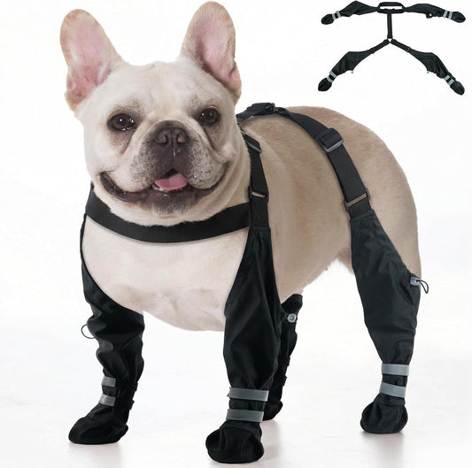 Dog Suspender Boots, Waterproof Dog Boot for Small Dogs, Paw Protectors for Winter Snow Salt, Rain Mud, Hiking, Hot Pavement, Hardfloor, Stay-On anti Dirt Legging Shoes Reflective, Black XS