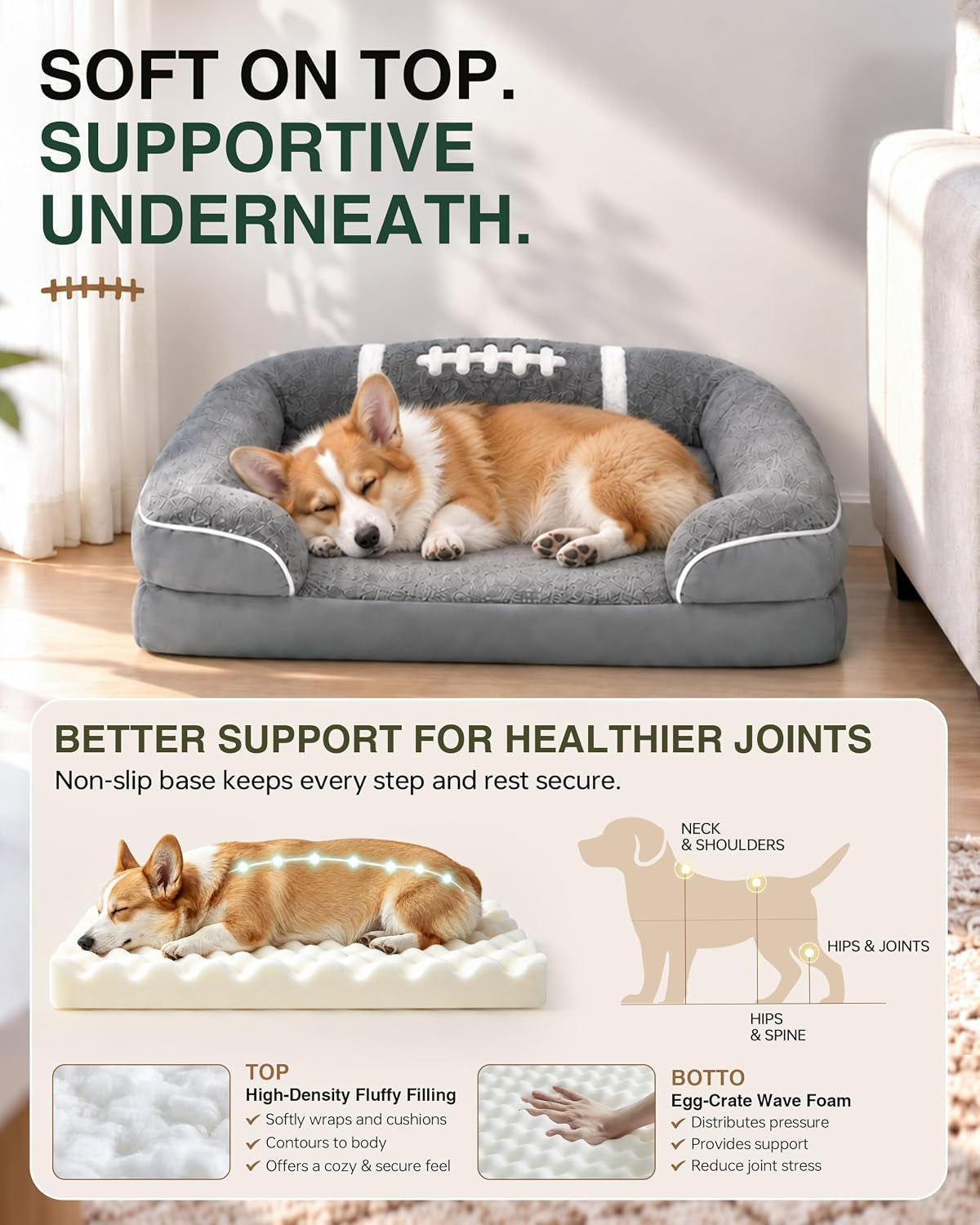 Orthopedic Dog Bed 28X22Inch,Egg Crate Foam Pet Bed with Removable Bolsters for Small Dogs & Cats up to 30Lbs,Fully Detachable Design& Non-Slip Bottom (Grey, Size M)