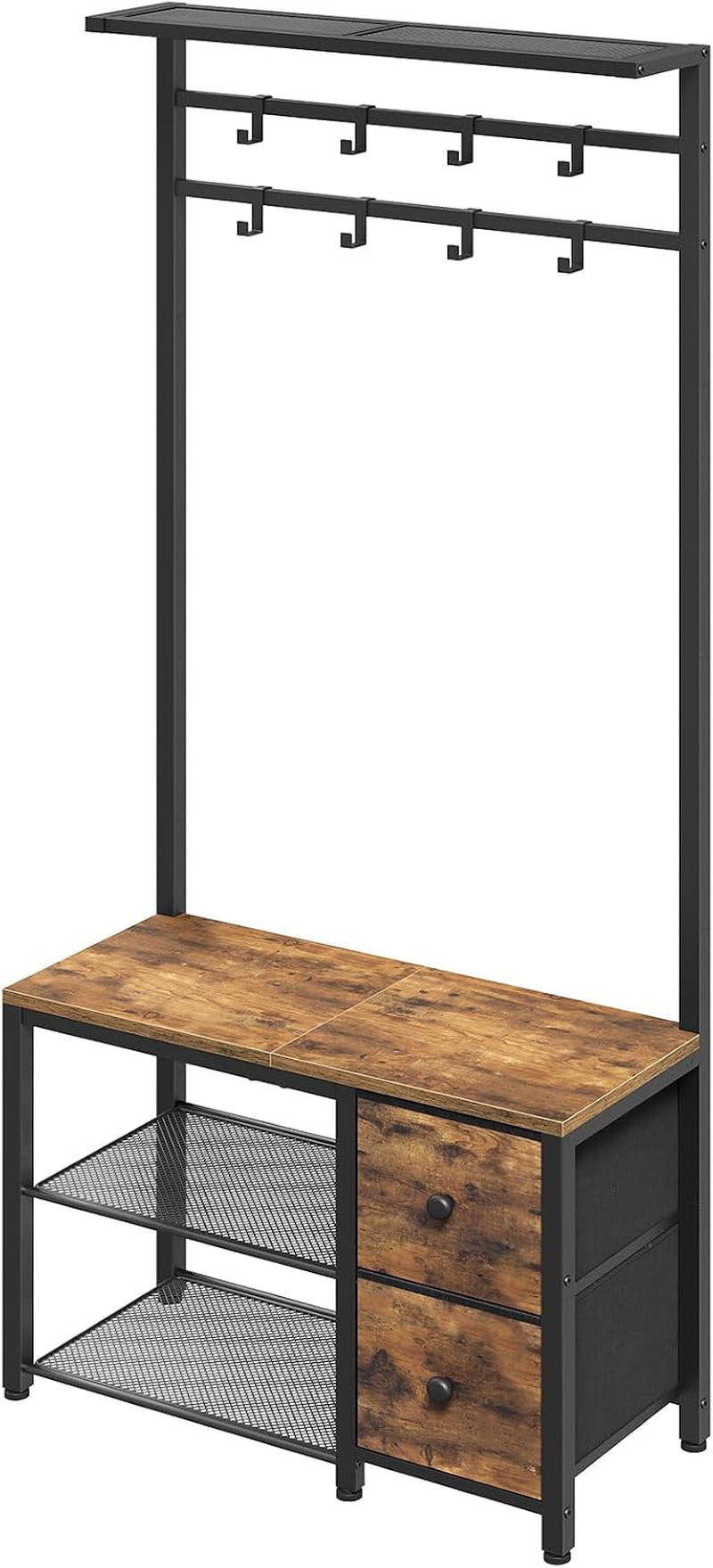 YATINEY 5-In-1 Hall Tree with Drawers, Entryway Bench with 8 Adjustable Coat Rack and Shoe Storage, Industrial Coat Rack with Bench for Entryway and Front Door, Rustic Brown and Black MT06BR