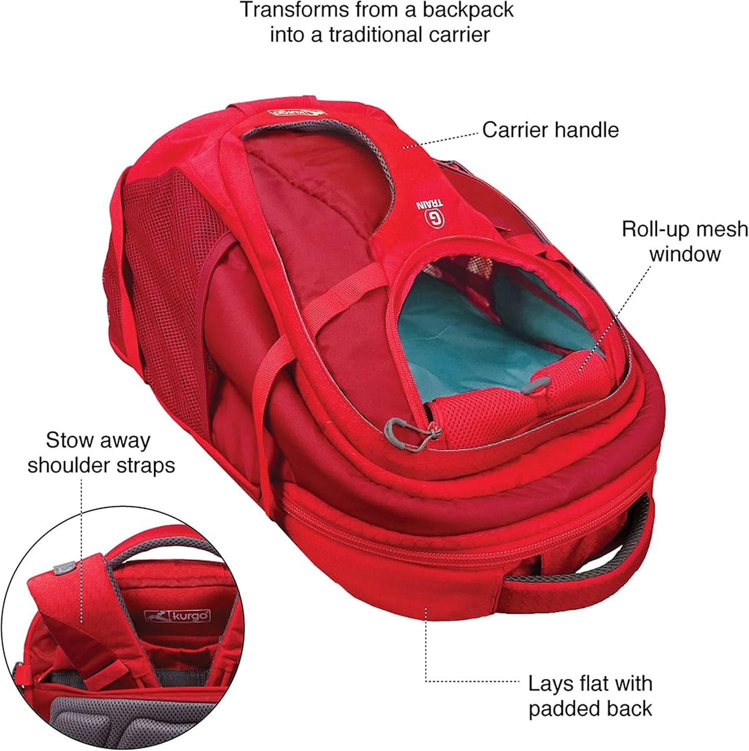 Kurgo G-Train Dog Carrier Backpack - Comfortable Travel Bag for Pets up to 25 Lbs - Waterproof Bottom - Multi-Compartment Pack - Dog Hiking Gear - Rugged Adventure Backpack - Red