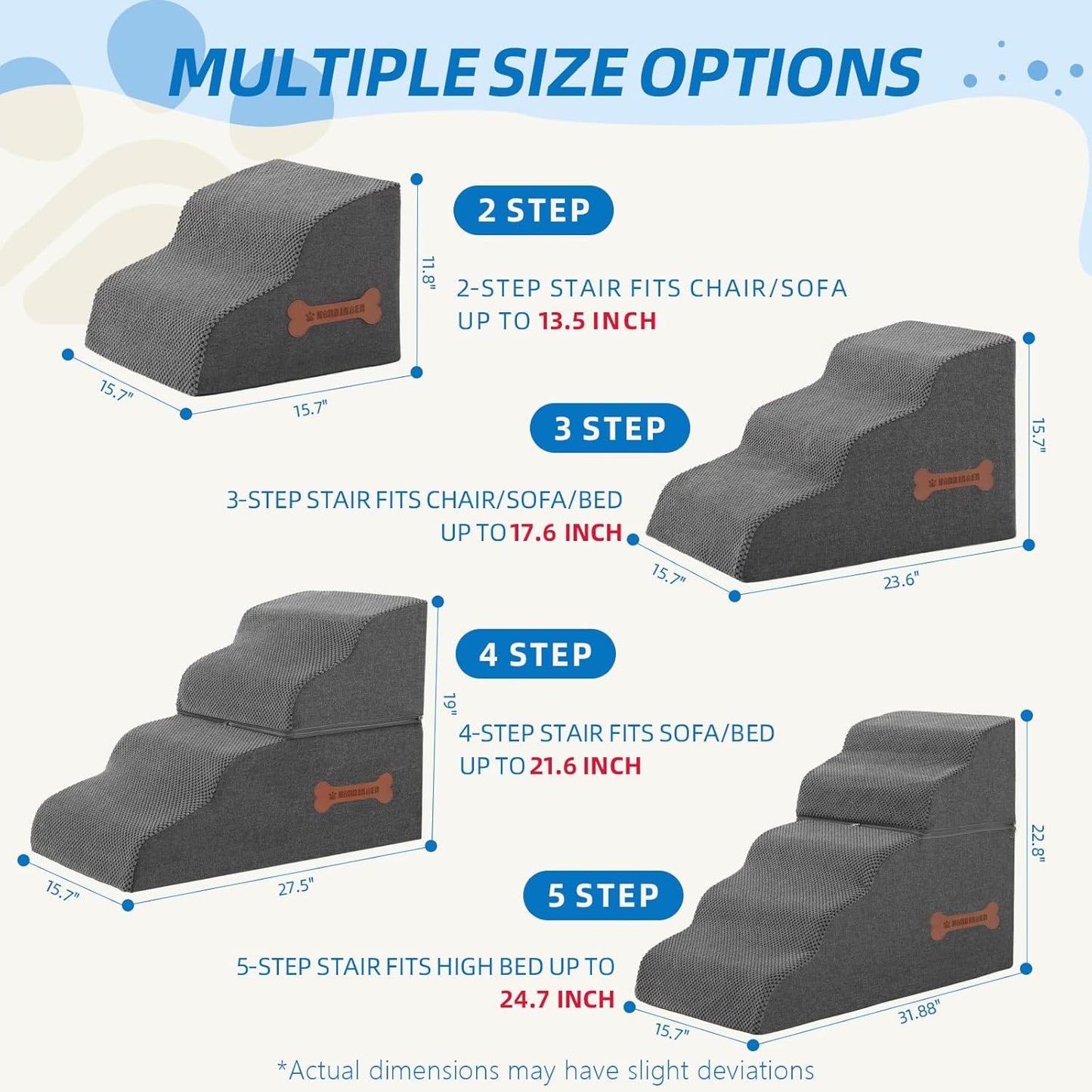 Dog Stairs 4 Steps for Small Dogs and Cats to Get on High Beds, Couch or Car, Pets Can Climb, Sit, Lie down or Perch to Look Out Windows on the Spliceable Ramp, Provides Support, Grey（19" H）