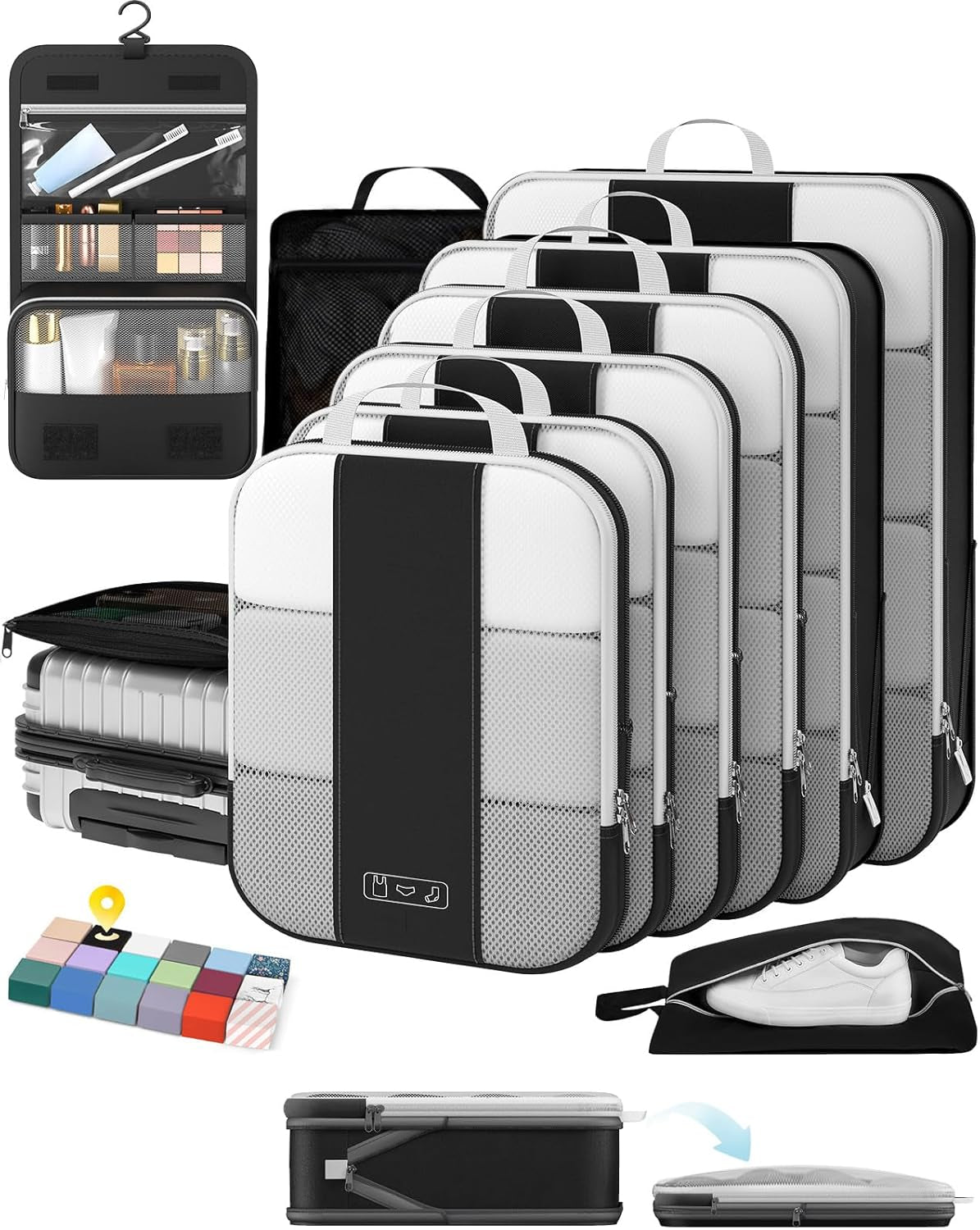 Olarhike 10 Set Compression Packing Cubes for Travel Essentials,Compressible Expandable Space Saver Bags for Organizing Clothes,Luggage Suitcase Garment Bags with over 1000 Pcs Mesh Holes(Black)