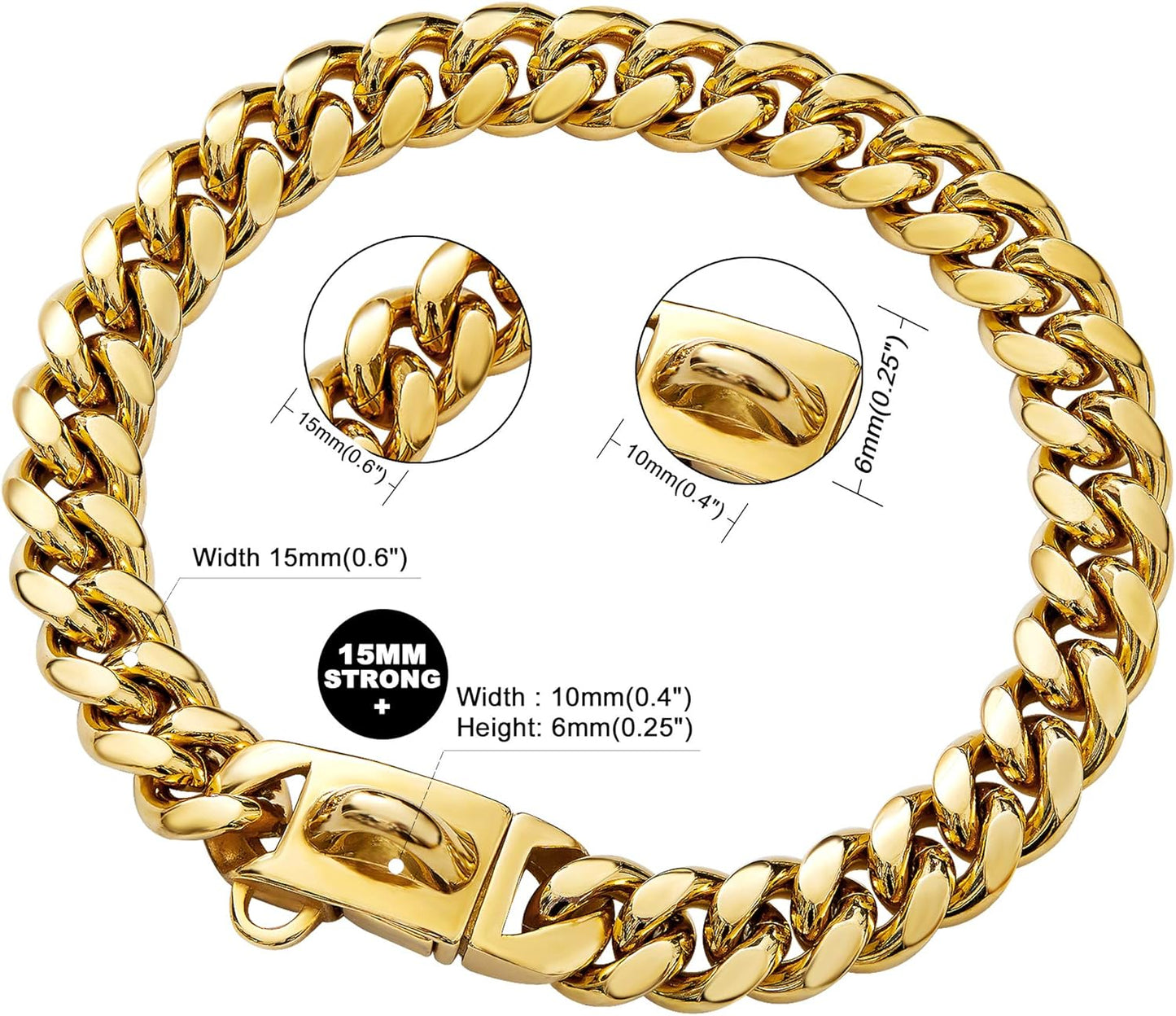 Gold Dog Chain Collar Walking Metal Chain Collar with Design Secure Buckle,18K Cuban Link Strong Heavy Duty Chew Proof for Medium Dogs(14Mm, 16")