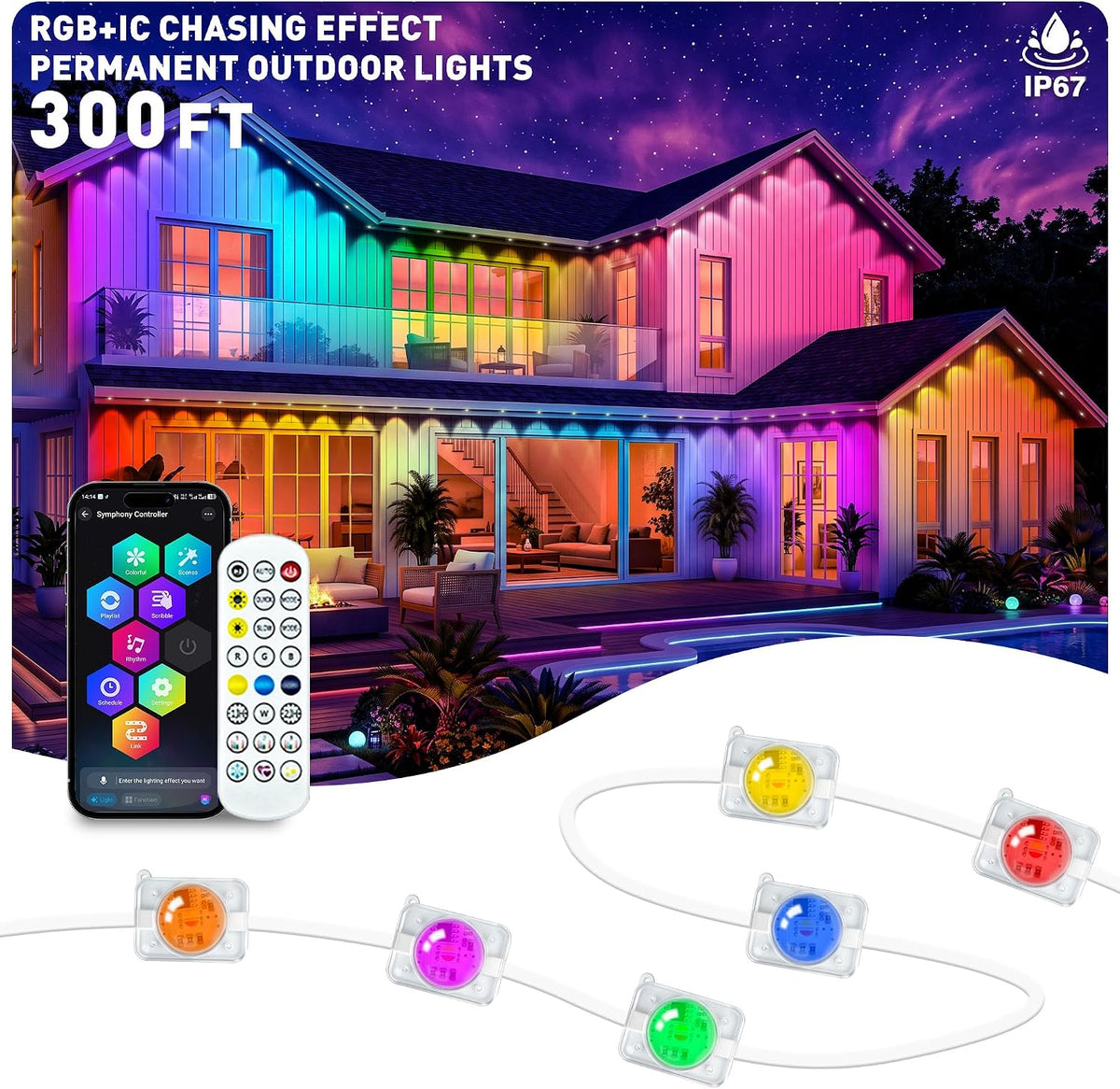 300FT RGB+IC Permanent Outdoor Lights, IP67 Waterproof, Smart App/Remote Control LED Eave Lights, with Music Sync, DIY Scenes Modes for House Roof Decor, Patio, Holiday & Party
