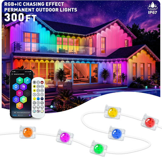 300FT RGB+IC Permanent Outdoor Lights, IP67 Waterproof, Smart App/Remote Control LED Eave Lights, with Music Sync, DIY Scenes Modes for House Roof Decor, Patio, Holiday & Party