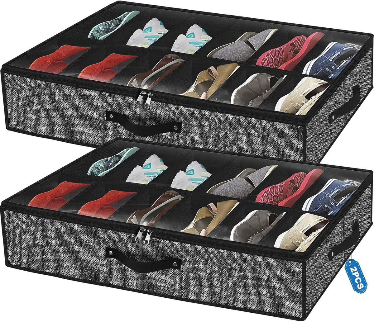 Homyfort under Bed Shoe Storage Organizer for Closet Fits 24 Pairs-Sturdy Underbed Shoe Storage Box Bins,Set of 2 (Linen-Like Black)
