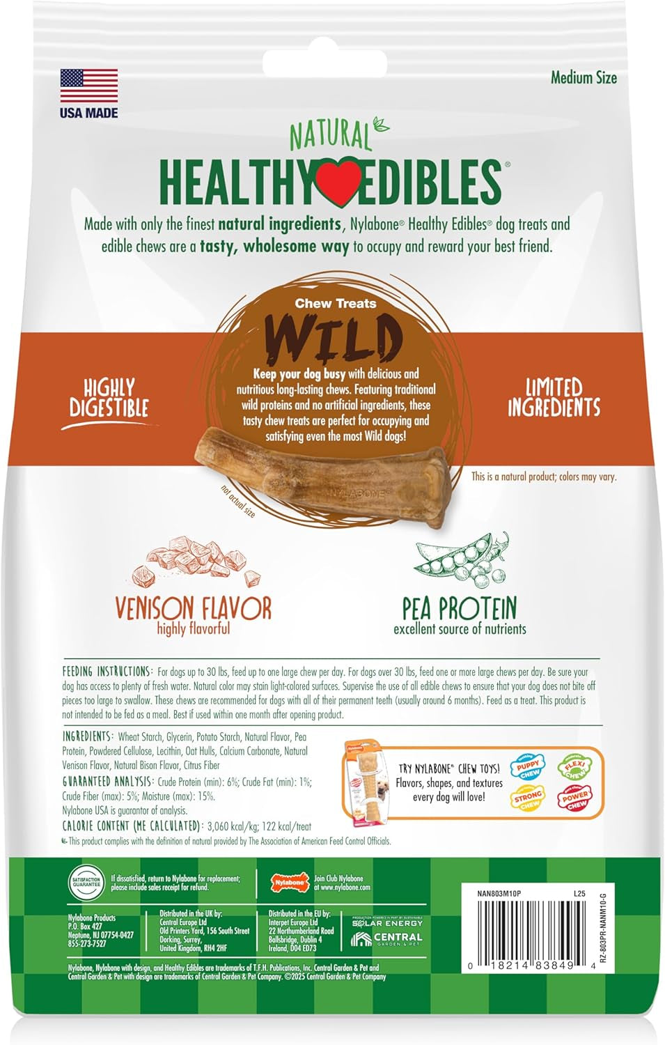 Nylabone Healthy Edibles WILD Natural Dog Chew Treats for Large Dogs, Long Lasting Dog Healthy Chew Antler Bone Made in USA, Venison Flavor, for Dogs up to 50 Lbs. (10 Count)