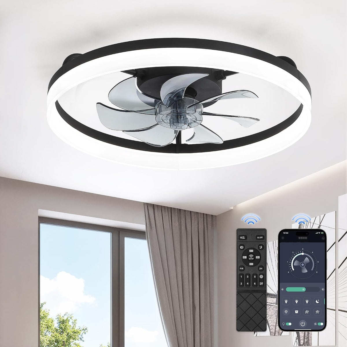LEDIARY 20" Low Profile Ceiling Fans with Lights, APP & Remote, Black