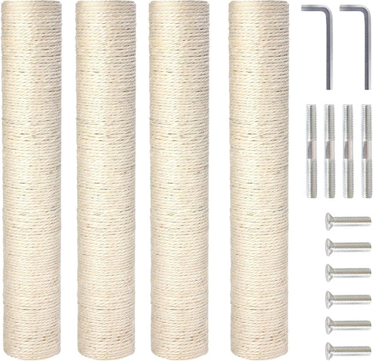 Powerking 4-Pack 15.7" Cat Scratching Post Replacement - Natural Sisal Rope Scratcher Poles with M8 Screws for Indoor Cat Tower Renewal Parts, Cat Furniture Refill Parts (White)