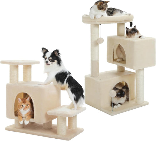 Dog Steps & Cat Scratching Post for Indoor Small Cats Kittens Dogs and UYMI Cat Tree with Scratching Posts, 2 Condos, Padded Cat Perch, 2 Dangling Balls