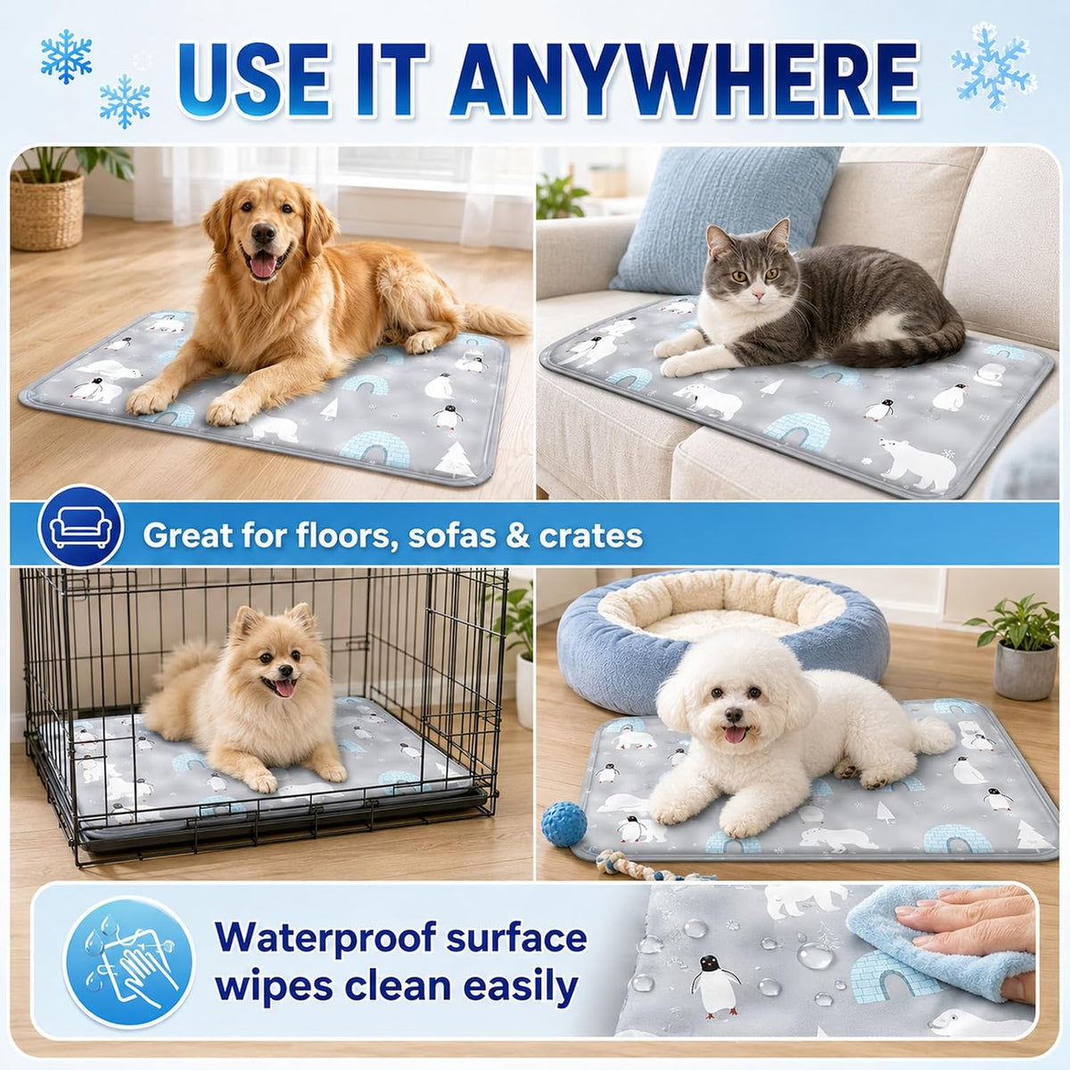 Pet Cooling Mat for Dogs & Cats (36"X24"), Non-Toxic Water-Activated Gel Ice Pad, Scratch Resistant & Leakproof Summer Dog Bed, Washable Seat Cushion for Pet, Sofa, Car (Snowflake Patterns)
