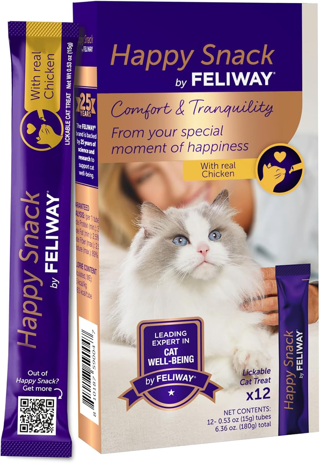 Happy Snack by FELIWAY®, Delicious, Lickable, Squeezable Purée Cat Treats for a Daily Calming Routine, Made with Real Chicken, 12 Pack (0.5Oz Tubes)