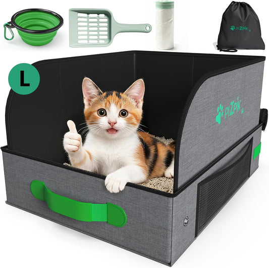 16.5" X 12.5" X 11" Travel Litter Box for Cats, Collapsible Cat Litter Box with Compact Fold, Portable Cat Box - Leak-Proof Water-Resistant, Hard Bottom & Easy Carry for Car/Hotel/Airplane On-The-Go