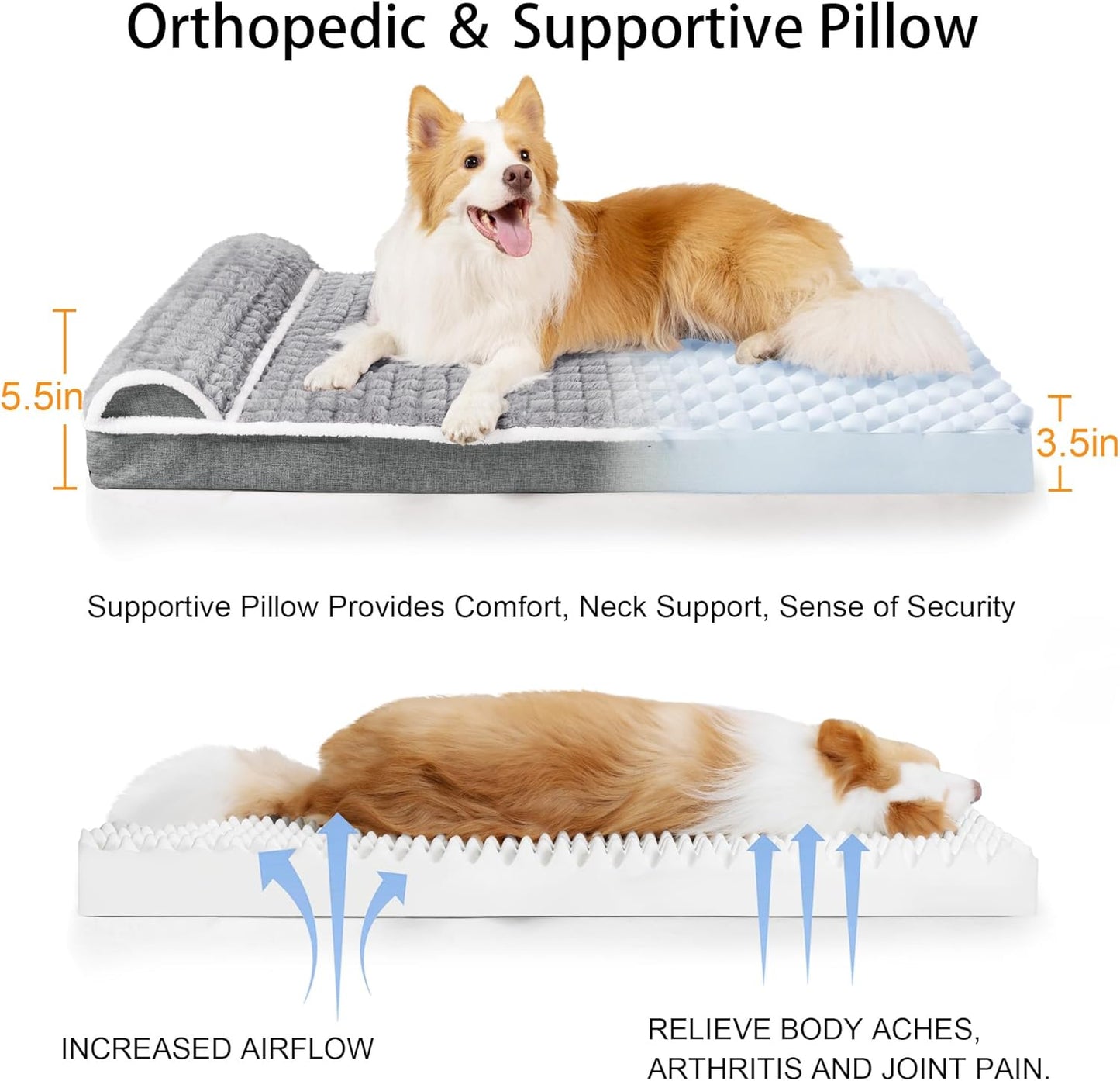 Orthopedic Dog Bed Large Sized Dog with Pillow 36''X24'', Waterproof Soft Comfortable Egg Crate Foam Pet Crate Beds Mat with Removable Washable Cover and Non-Slip Bottom, Grey
