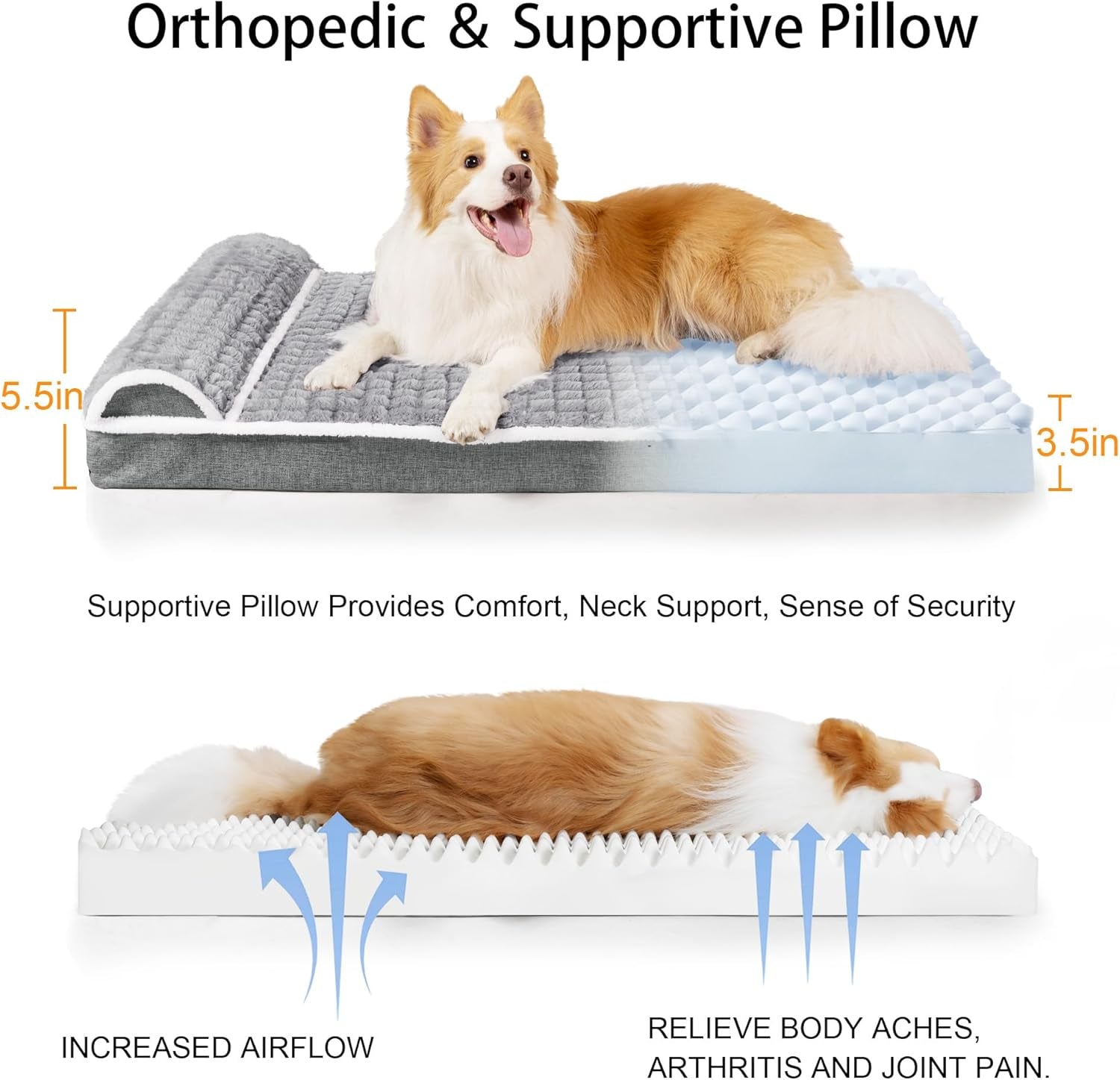 Orthopedic Dog Bed Large Sized Dog with Pillow 36''X24'', Waterproof Soft Comfortable Egg Crate Foam Pet Crate Beds Mat with Removable Washable Cover and Non-Slip Bottom, Grey