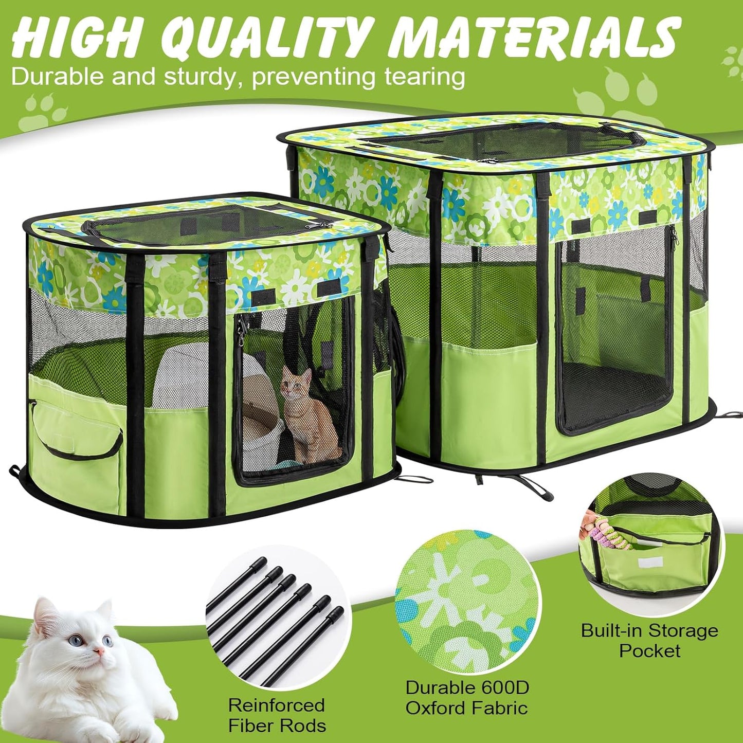 Portable Cat Playpen with Separate Areas, Foldable Indoor Outdoor Cat Enclosure, Portable Pet Tent for Kittens and Small Animals, Collapsible Tent Kennel Cage House with Tent Pegs and Carry Bag