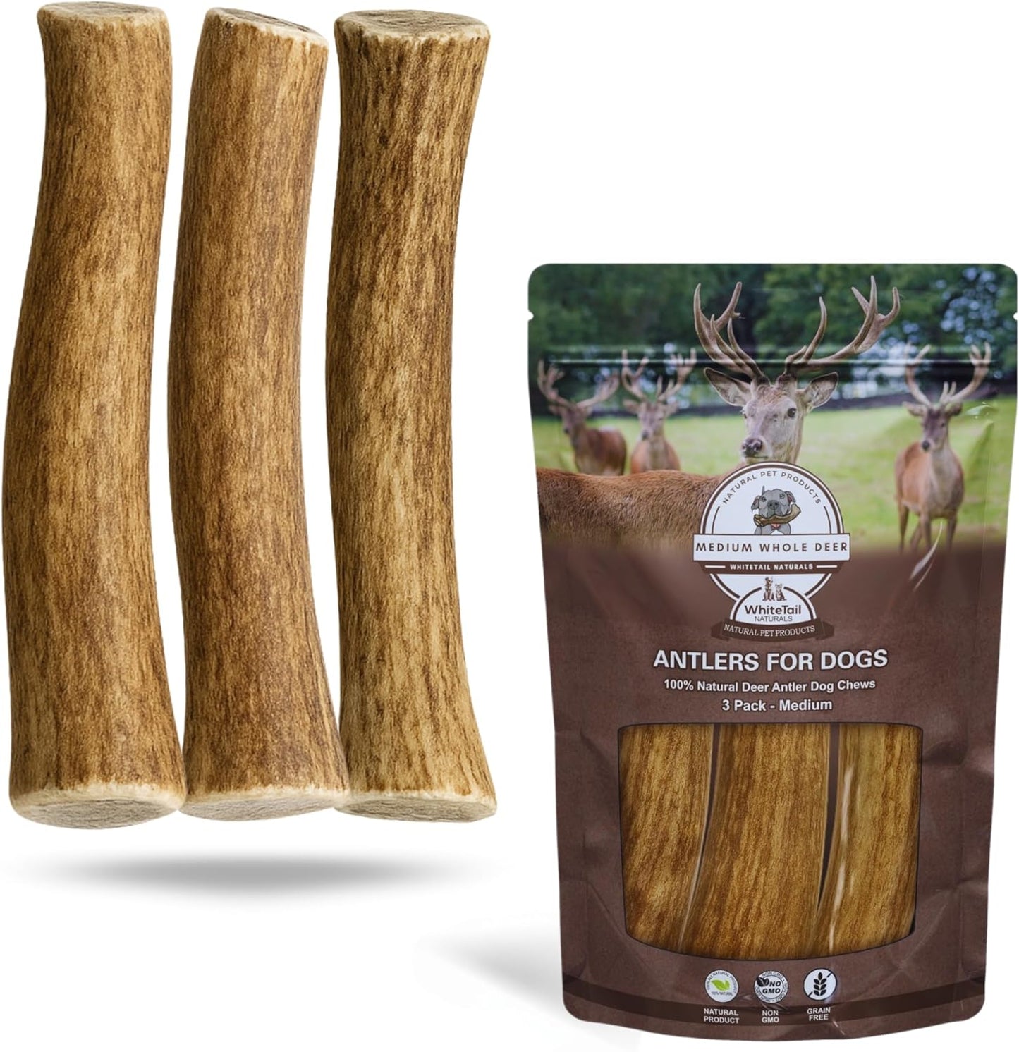 Whitetail Naturals Deer Antler Dog Chews (3 Pack Medium) - Long Lasting, Naturally Shed Whole Antlers for Dogs - Long Lasting Dog Bones for Power Chewers