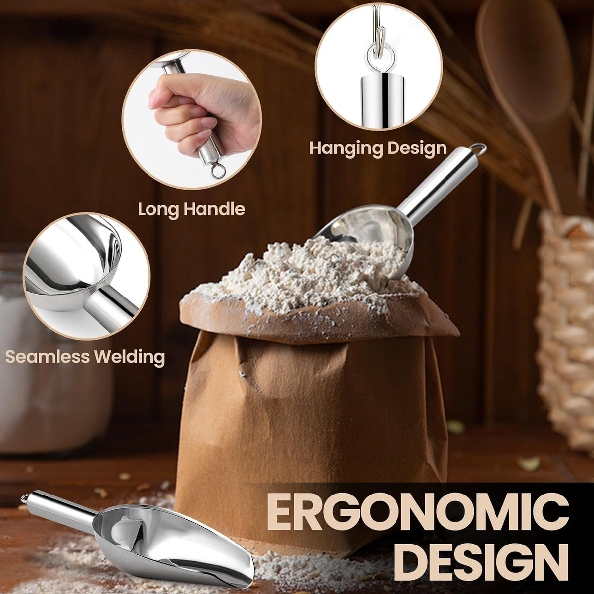 OLESBUR 12Oz Stainless Steel Ice Scoop for Freezer – Dishwasher Safe Metal Scooper with Long Handle for Ice Machines, Buckets, Dog Food, Flour, and Canisters – Ideal for Bar, Parties & Weddings