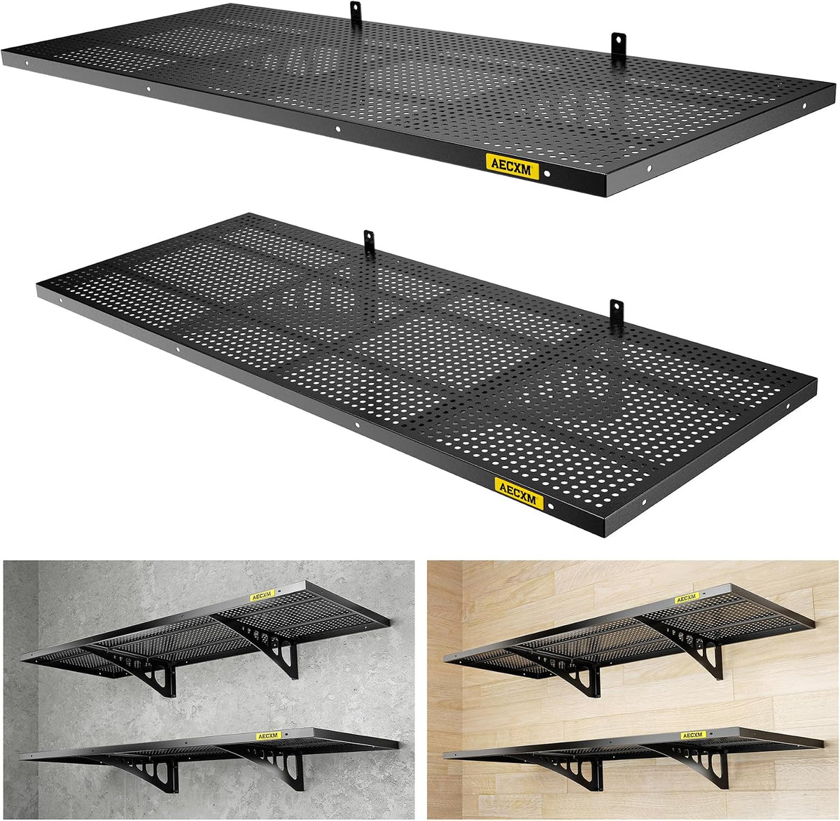 Aecxm 2-Pack 1.64X4Ft Adjustable Garage Wall Shelving 560Lbs Load Capacity Heavy Duty Wall Mounted Storage Shelf Metal Floating Shelves for Garage(Black)