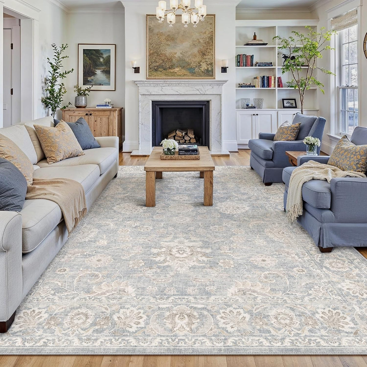 8X10 Blue Cream Neutral Area Rug