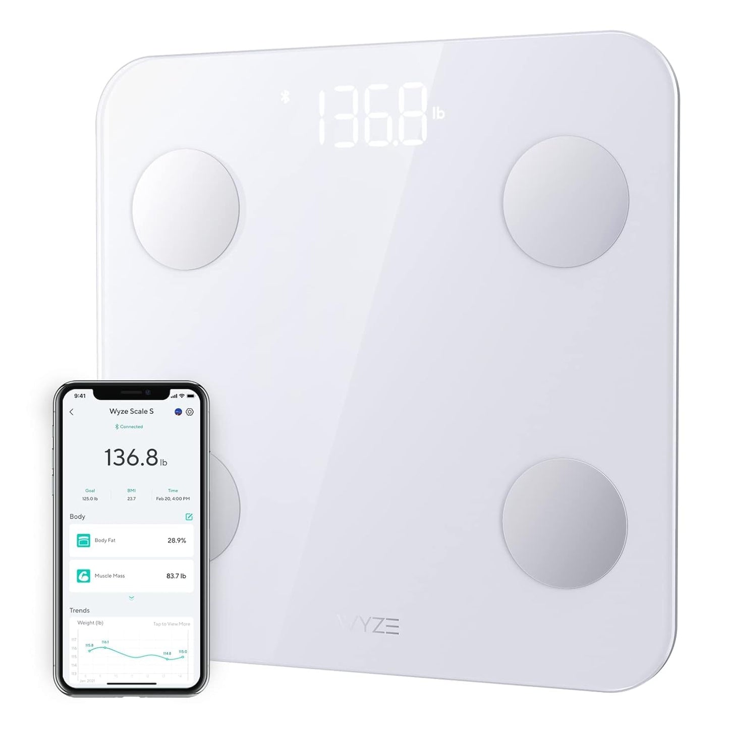 Wyze Scale S Smart Scale for Body Weight & Fat, Bluetooth, 400 Lb, White | Tracks 12 Metrics, Baby/Pet Mode, Sync with Fitness Apps, Heart Rate Tracking, Smart User Recognition, Unlimited Sharing