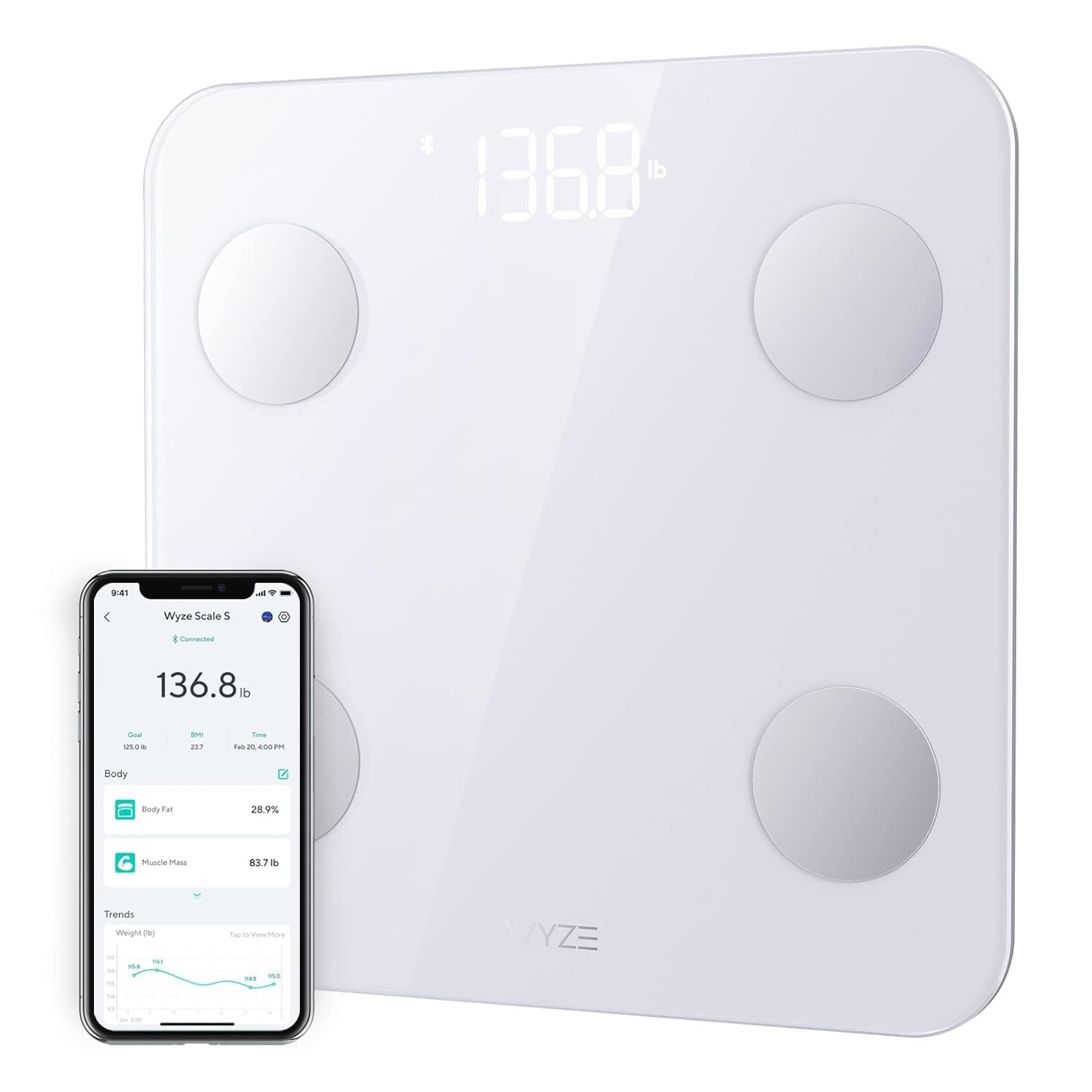 Wyze Scale S Smart Scale for Body Weight & Fat, Bluetooth, 400 Lb, White | Tracks 12 Metrics, Baby/Pet Mode, Sync with Fitness Apps, Heart Rate Tracking, Smart User Recognition, Unlimited Sharing
