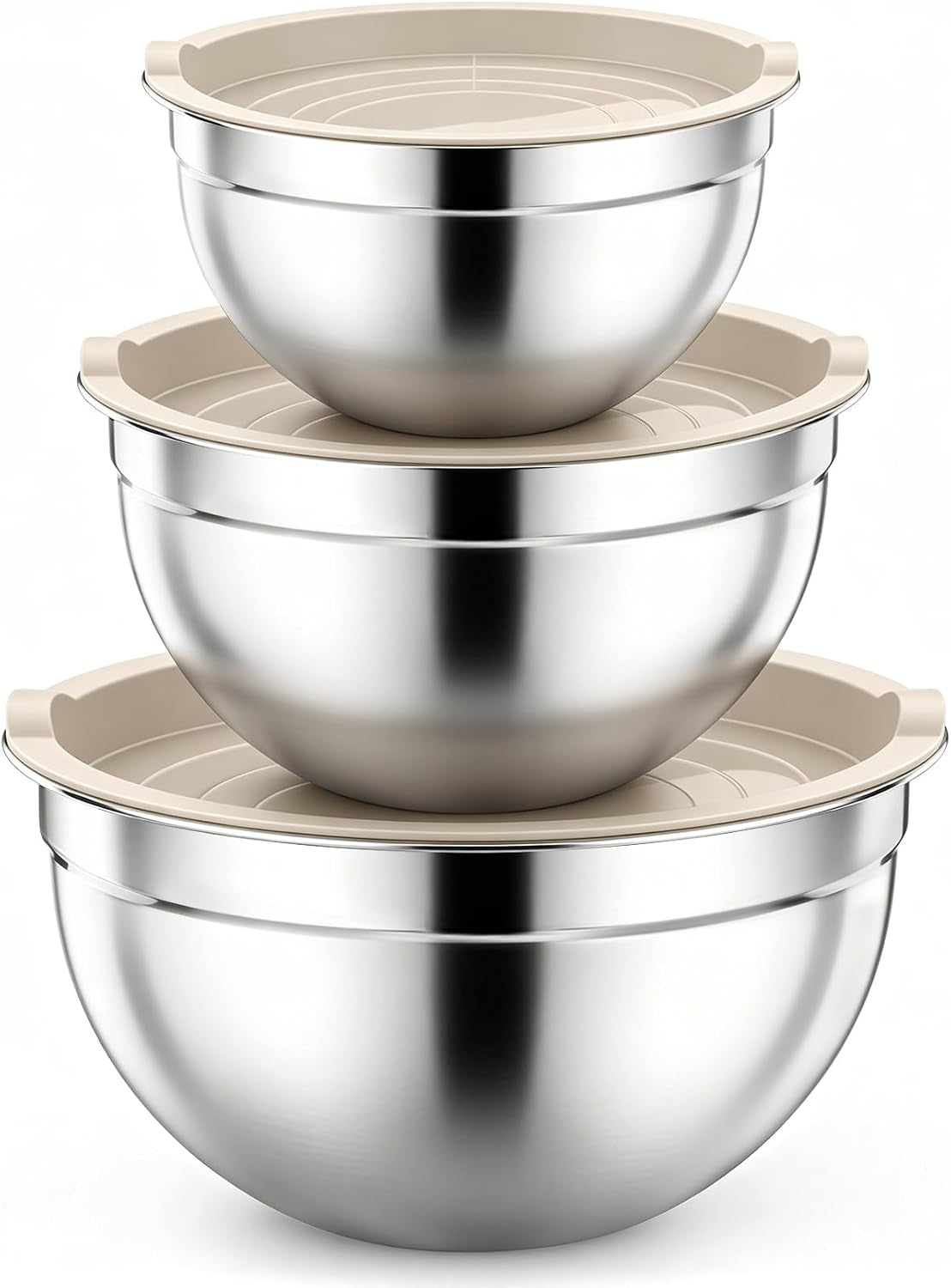 P&P CHEF Stainless Steel Mixing Bowls with Airtight Lids, Khaki