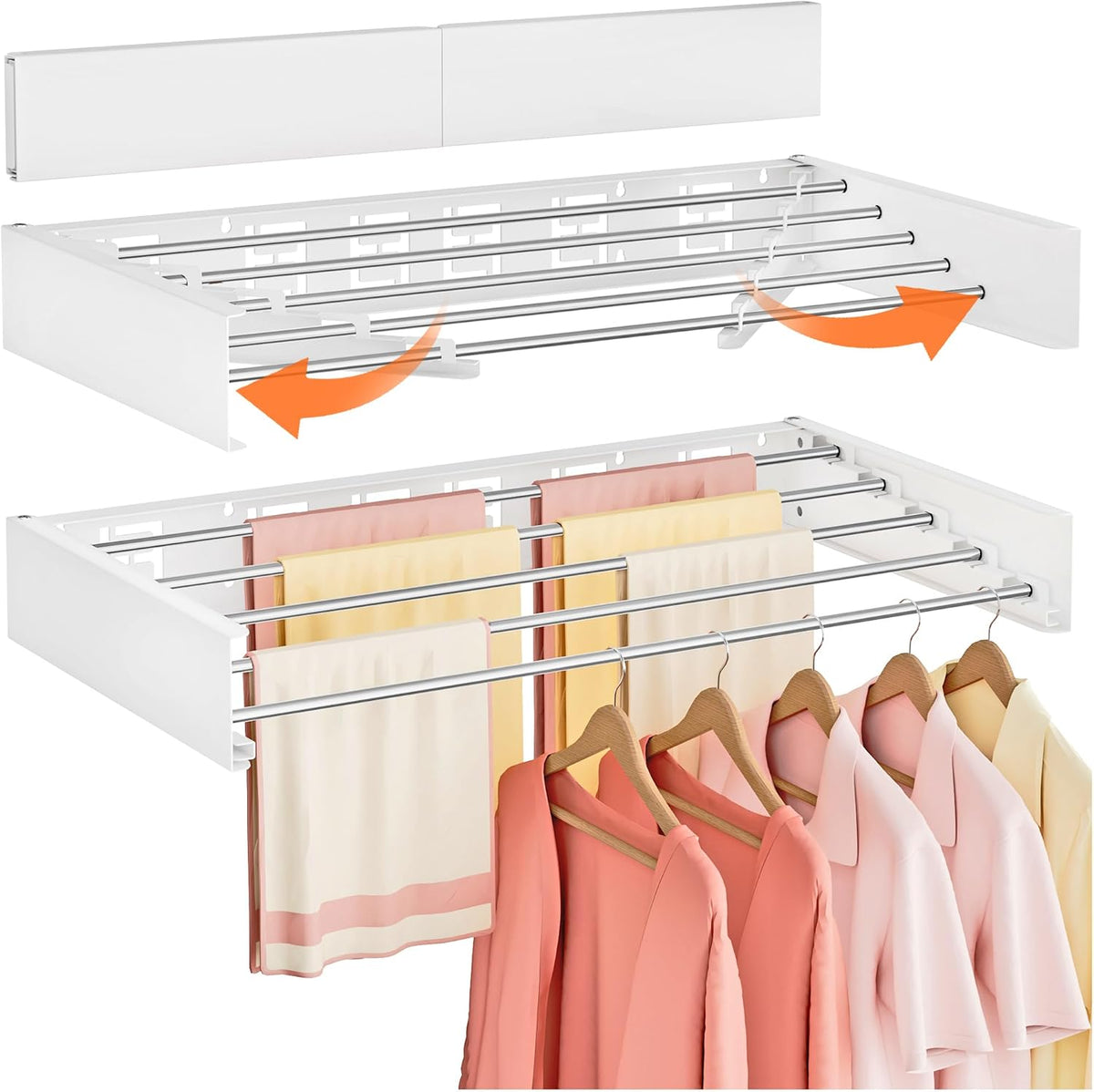 Wall Mounted Clothes Drying Rack Folding Indoor, Foldable Laundry Drying Rack Collapsible,Invisible, Space Saving, Retractable Towel Drying Rack, with Wall Template(5 Drying Rods, White 32")