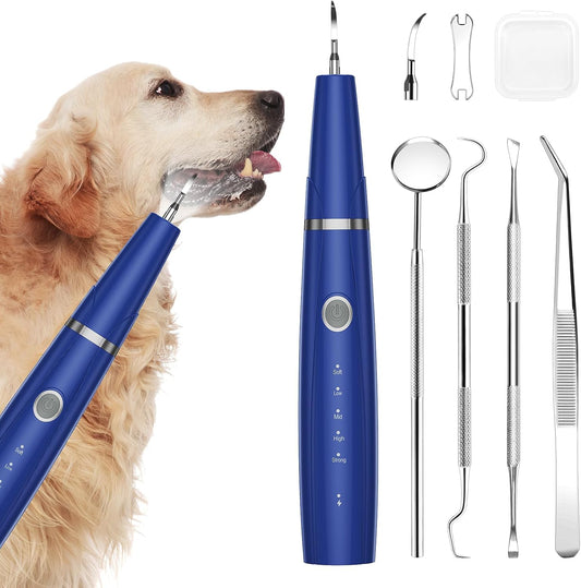 Upgraded Plaque Remover for Teeth, Electric Pet Teeth Cleaning Kit, USB Charging Dog Tooth Brushing Kit, 5 Modes, IPX6 Waterproof Pet Ultrasonic Toothbrush Cleaner for Dogs Cats (Blue)