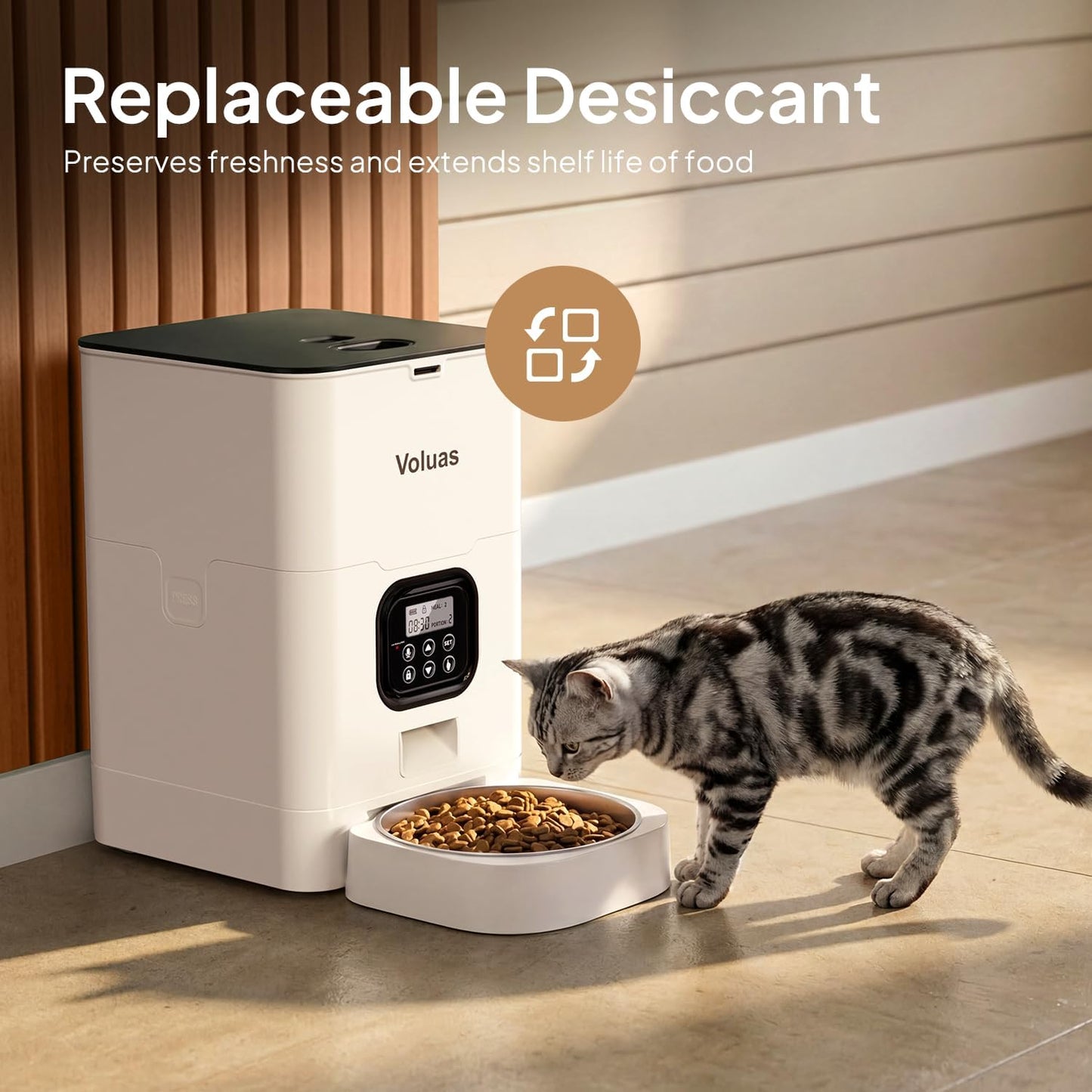 VOLUAS Automatic Cat Feeders - Timed Pet Feeder for Cats and Dogs with Dry Food Dispenser, Desiccant Bag, Programmable Portion Control, 4 Daily Meals, 10S Voice Recorder