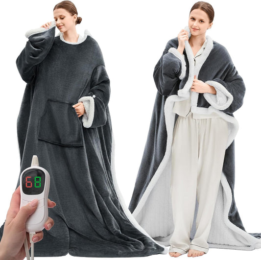 Wearable Heated Blanket: Electric Robe Throw with Foot Pockets