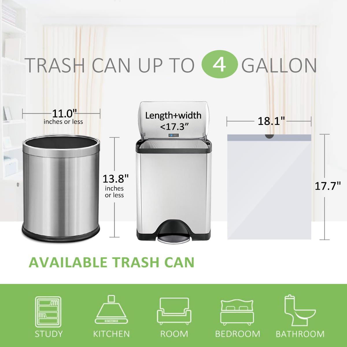 Teivio 4 Gallon Small Drawstring Trash Bags, 72 Count White Garbage Bags, Small Plastic Bin Liners Fit 3.3,3.5-4 Gal Waste Bin for Bathroom, Kitchen, Bedroom, Office, Pet Litter, Household Daily Use