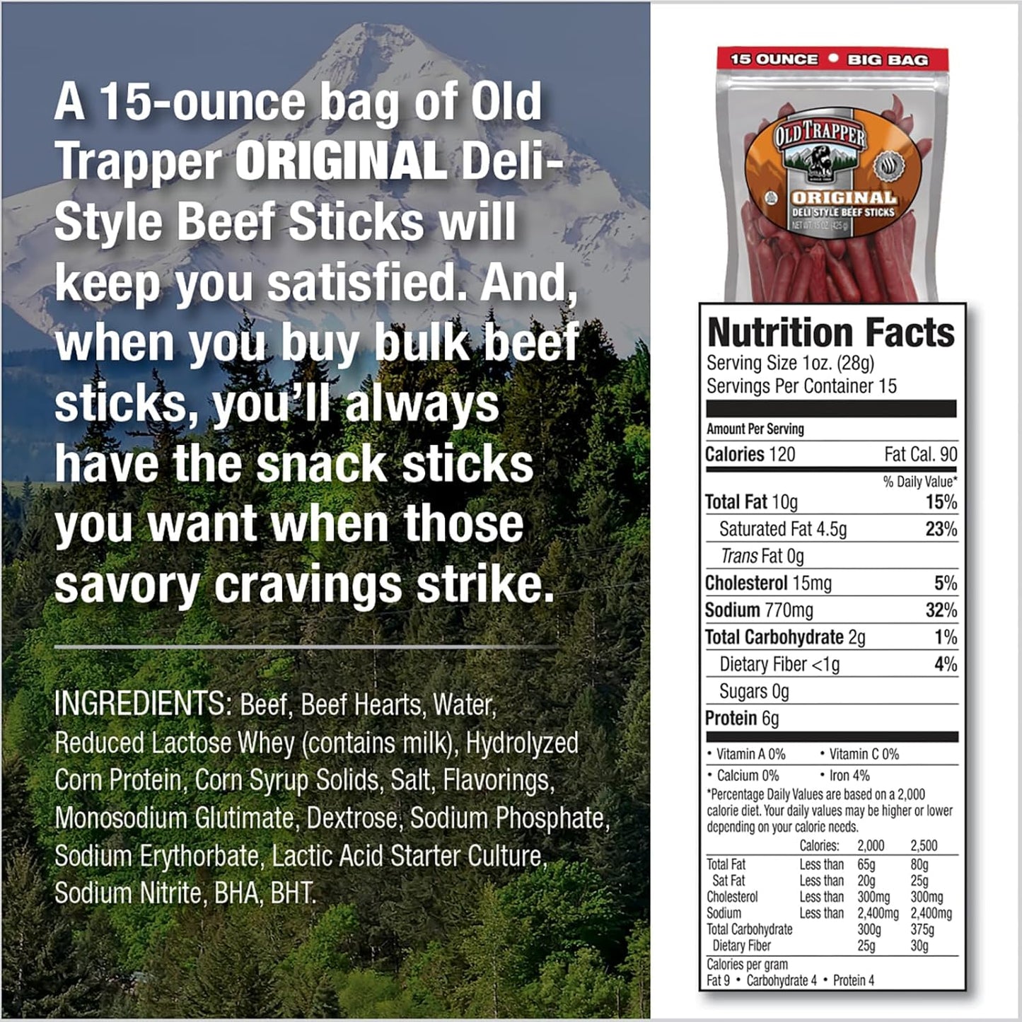 Old Trapper Original Deli-Style Beef Sticks,15-Ounce Package, Perfect for On-The-Go Snacking, Six Grams of Protein and Zero Grams of Sugar per Serving (Pack of One)