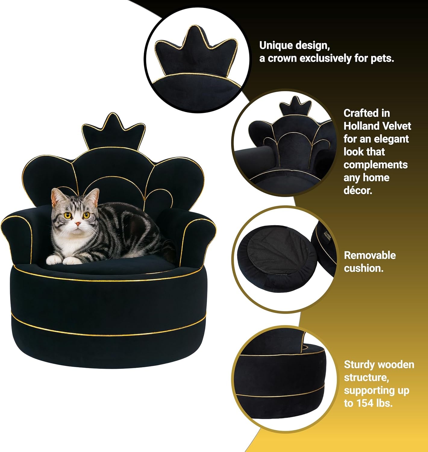 Premium Pet Sofa – Holland Velvet Dog and Cat Throne Chair, Black & Gold Design, Cozy & Soft, Scratch-Resistant & Durable, Perfect for Home Décor & Pet Lovers