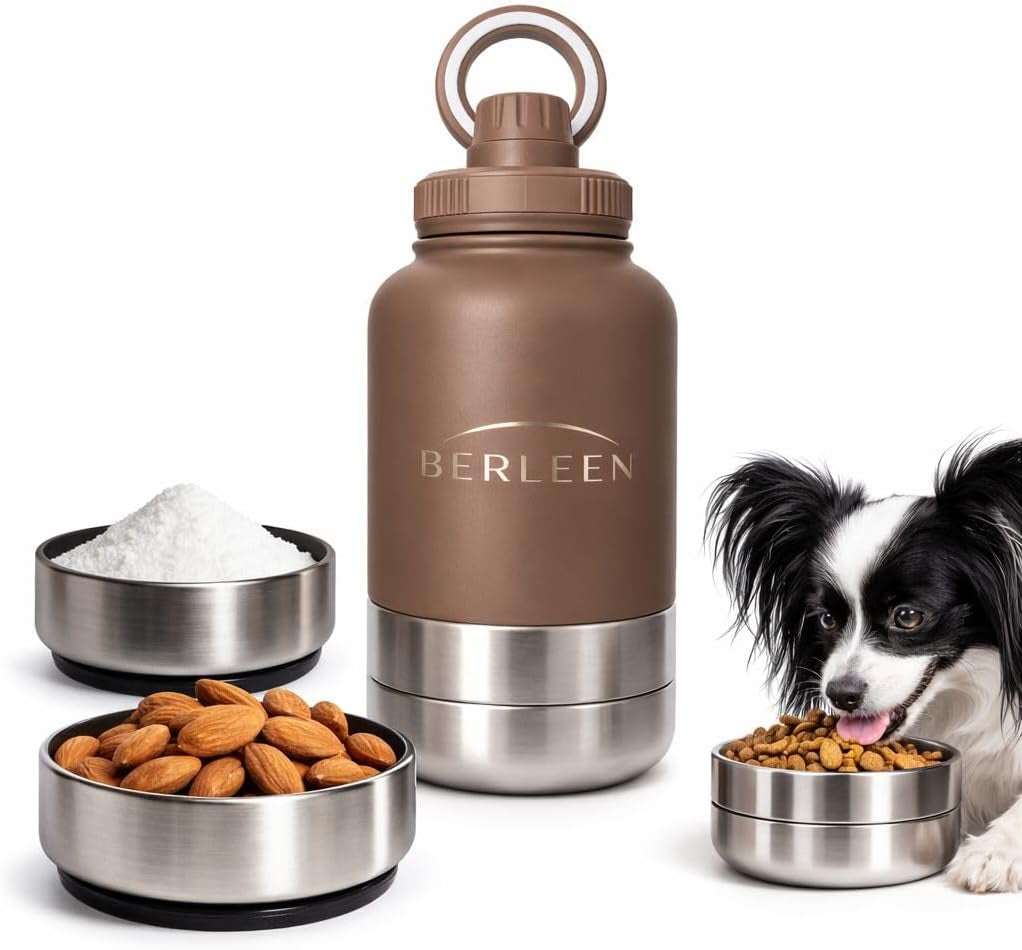 BERLEEN 3-In-1 32 Oz Insulated Dog Water Bottle with Magnetic Lid, Bottle with Detachable Stainless Steel Bowls – Portable Travel Water & Food Container for Dogs, Leakproof, Ideal for Walking (Brown)