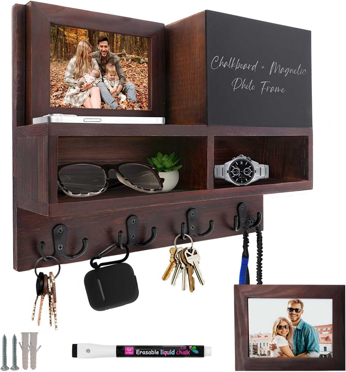 Spacelog Key and Mail Holder for Wall with Chalkboard – Magnetic Photo Frame Key Holder Wall Mount, Dark Walnut, Dual Storage & Cupboards Mail and Key Organizer for Wall