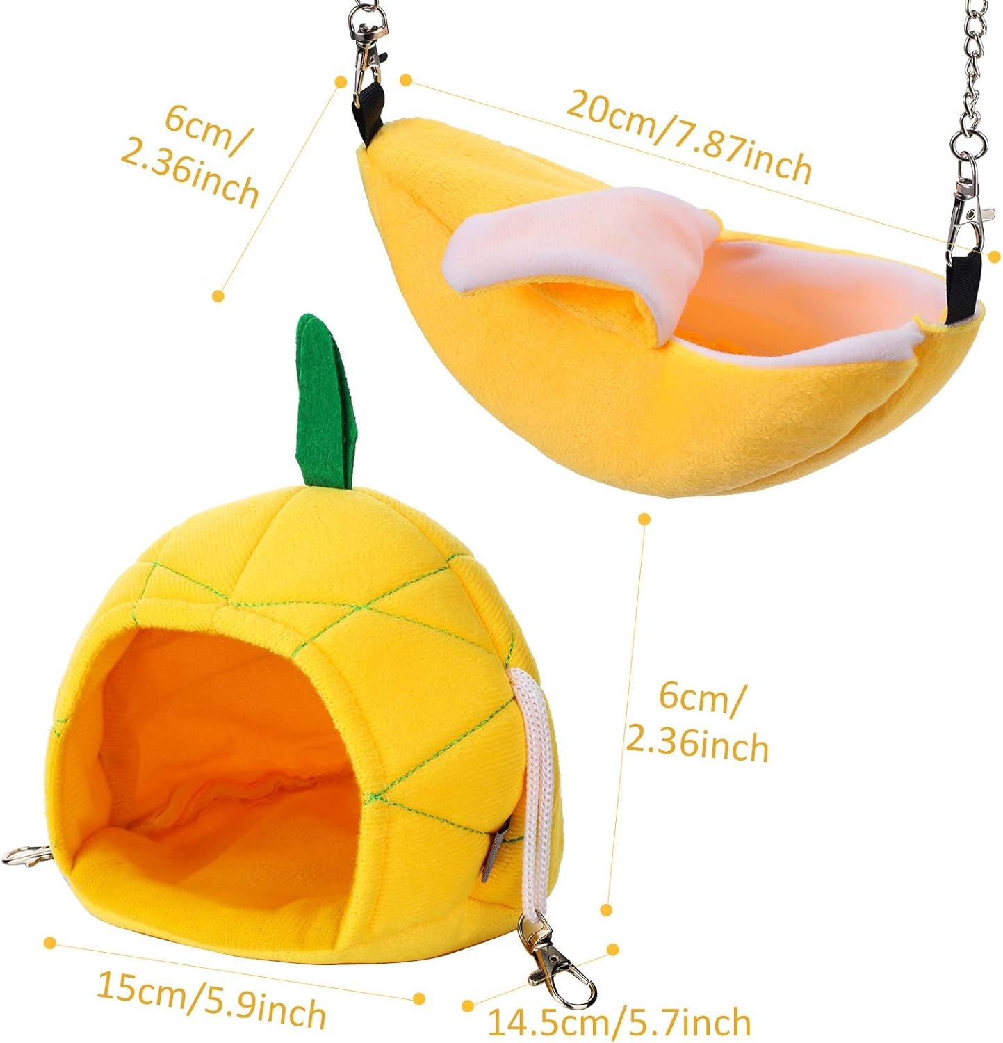 Jetec 2 Pcs Hamster Hammock Soft Bed Small Pet Animals Hamster Hanging House Cage Nest for Guinea Pig Rat Chinchilla Sleep and Play, Banana and Pineapple(Yellow)