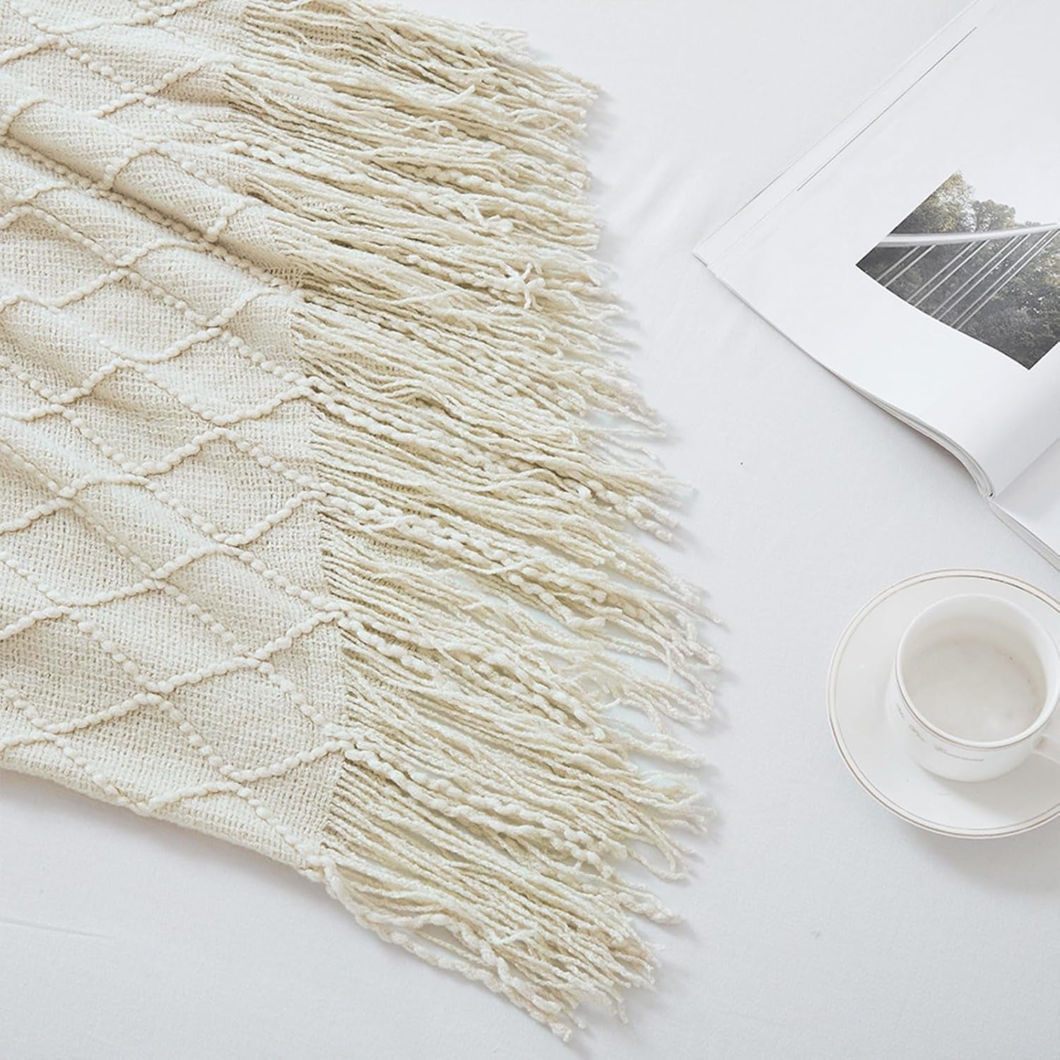 BOURINA Beige Throw Blanket 50X60 Inches Throw Textured Solid Soft Sofa Couch Decorative Knit Blanket