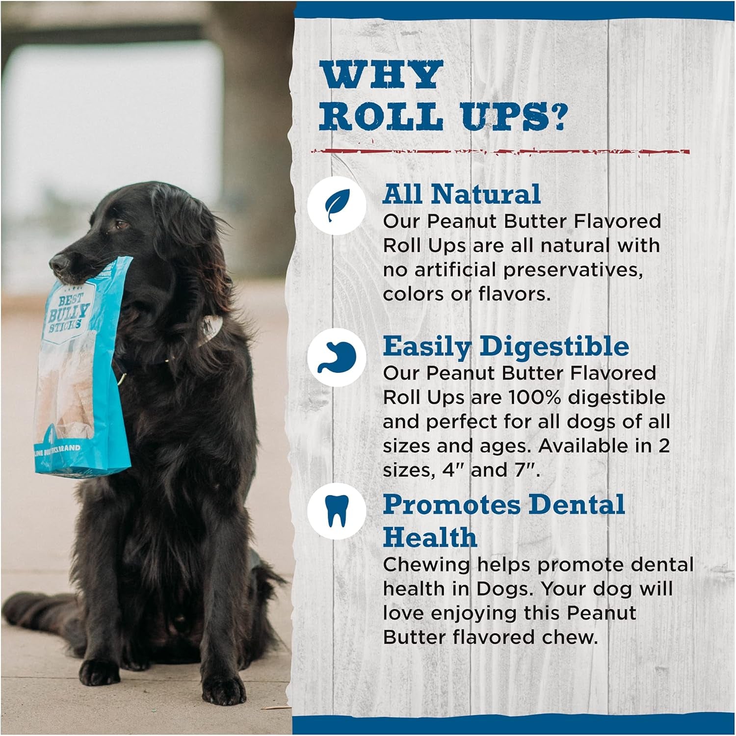 Best Bully Sticks Peanut Butter Roll Ups for Dogs - 7 Inch 4 Count (Pack of 1) - All-Natural, Easily Digestible - Small Breeds