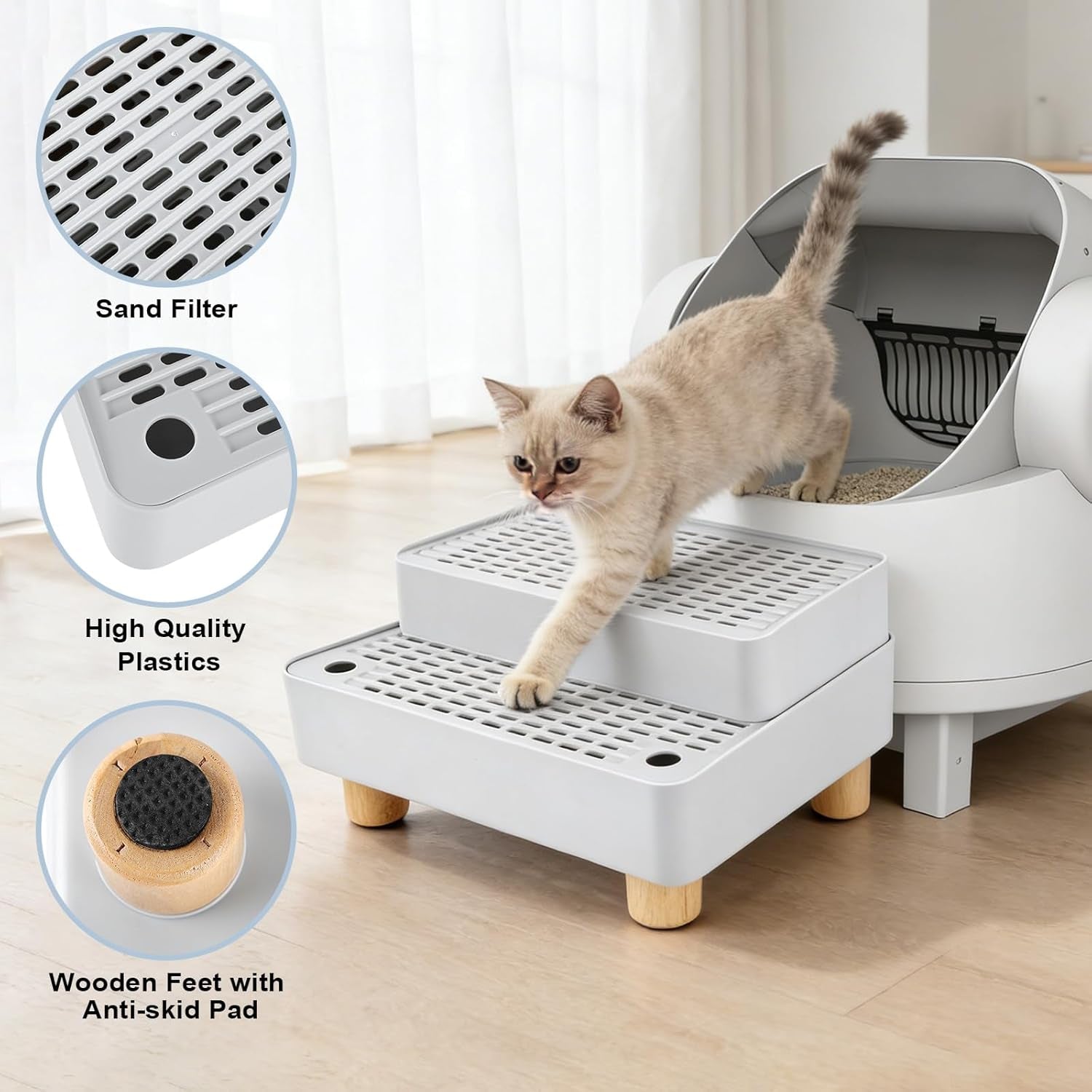 Adjustable Litter Box Step, Cat Litter Box Ramp/Catcher with Wooden Feet | 2 Steps,Fits Automatic Litter Box Steps, Filter Function, Anti-Tracking, Easy to Clean, for Small & Elderly Cats
