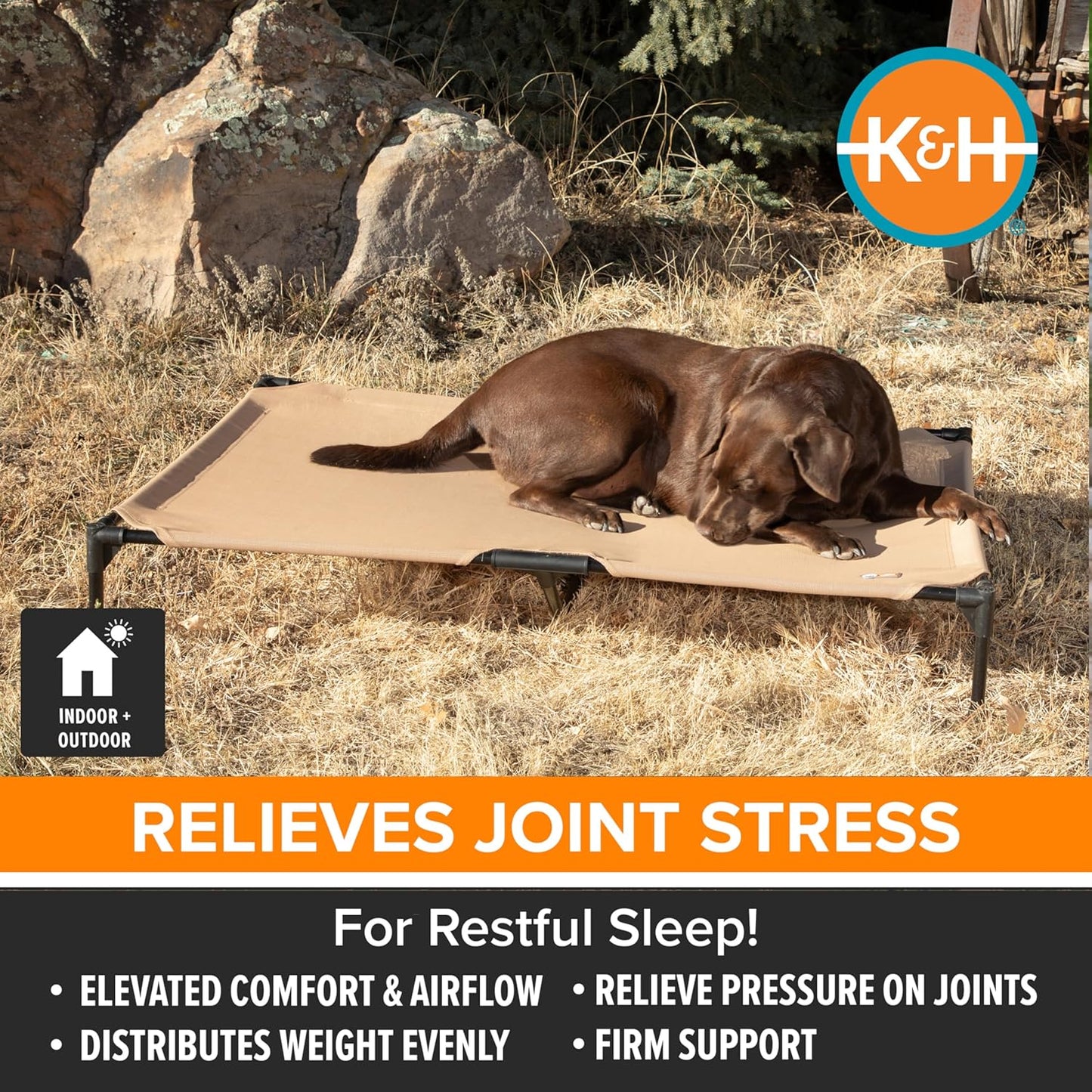 K&H Outdoor Elevated Dog Bed - Cooling Raised Dog Bed for Medium & Large Pets, Breathable Mesh Hammock Design, Indoor/Outdoor Washable Cover, Portable Metal Frame, Tan, Large 42X30In