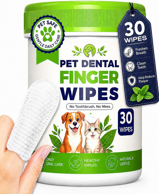Dog Dental Wipes, 30 Textured Finger Toothbrush Wipes for Dogs & Cats