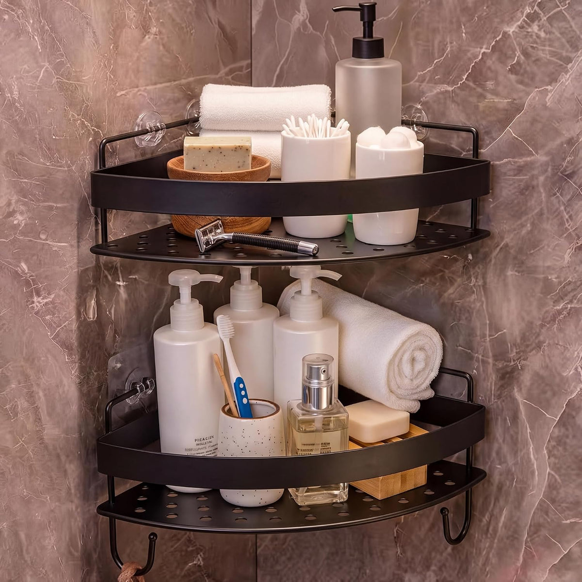 Black Corner Shower Caddy - 2 Pack Adhesive Shower Organizers, Rustproof Stainless Steel Shower Shelves with 4 Hooks, No Drilling Shelves for Bathroom Storage & Home Decor