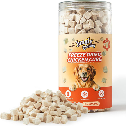 Jungle Calling Freeze Dried Chicken Cat & Dog Treats, Single Ingredient Chicken Bites for Cats & Dogs, High Protein Pet Training Treats, Edible Organic Food Topper, Approx 670 Pieces, 10.58 Oz