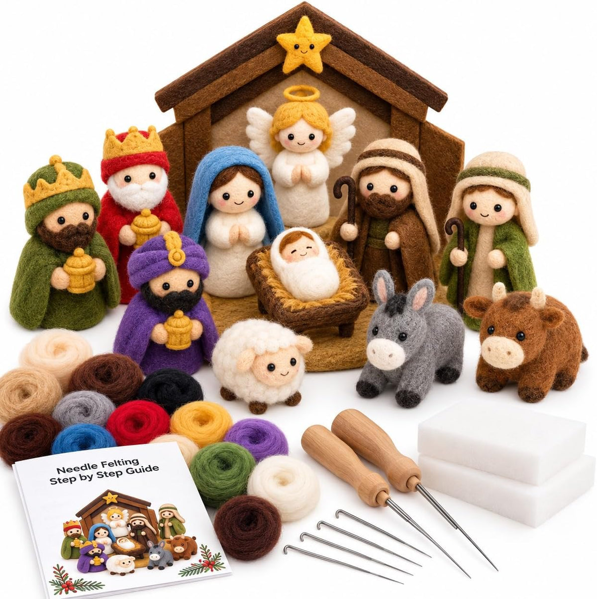 Needle Felting Nativity Kit for Adults, DIY Christmas Craft, 11 Figures