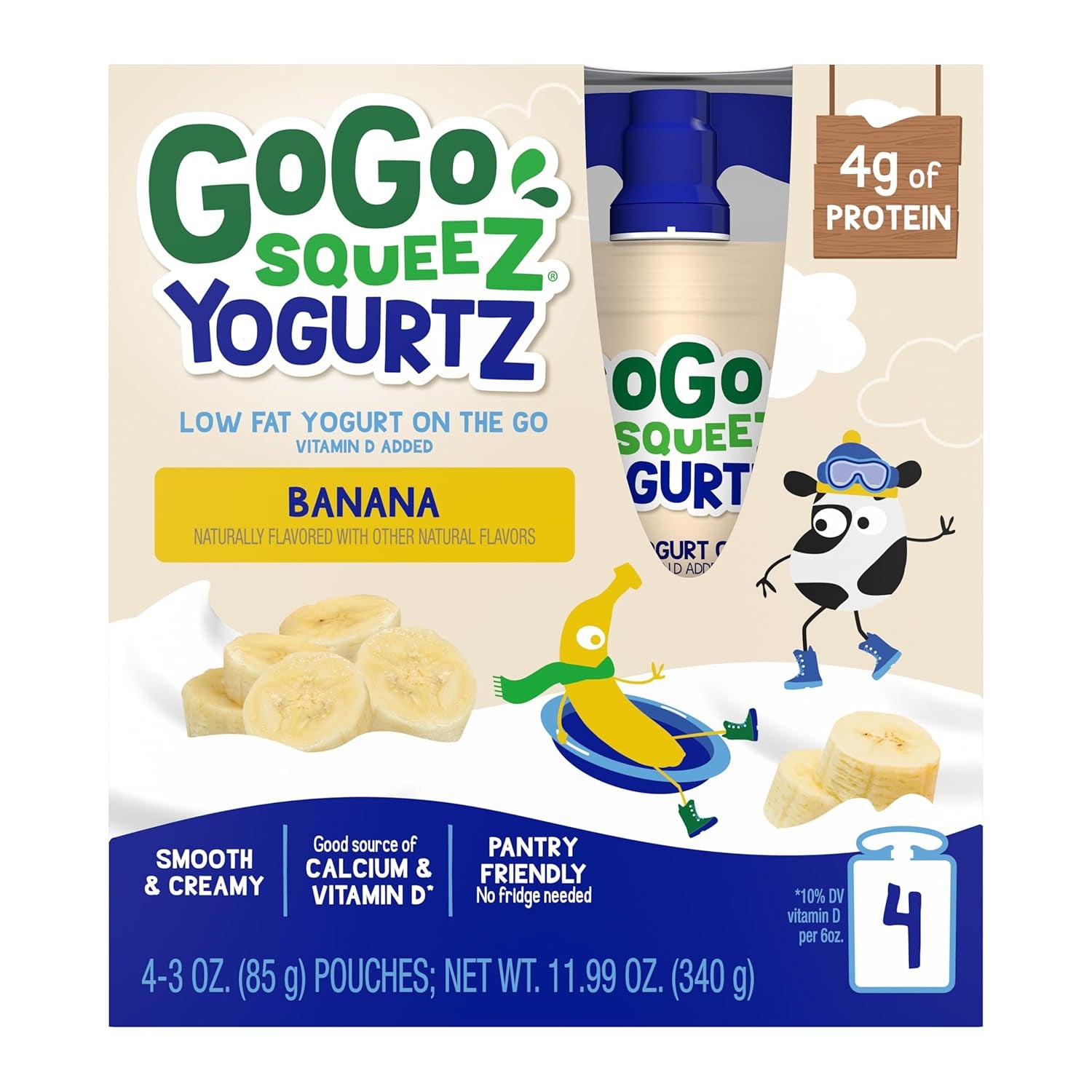 Gogo Squeez Yogurtz Banana, 3 Oz (Pack of 4), Kids Snacks Made from Real Yogurt and Fruit, Pantry Friendly, No Fridge Needed, Gluten Free and Nut Free, Recloseable Cap, BPA Free Pouches