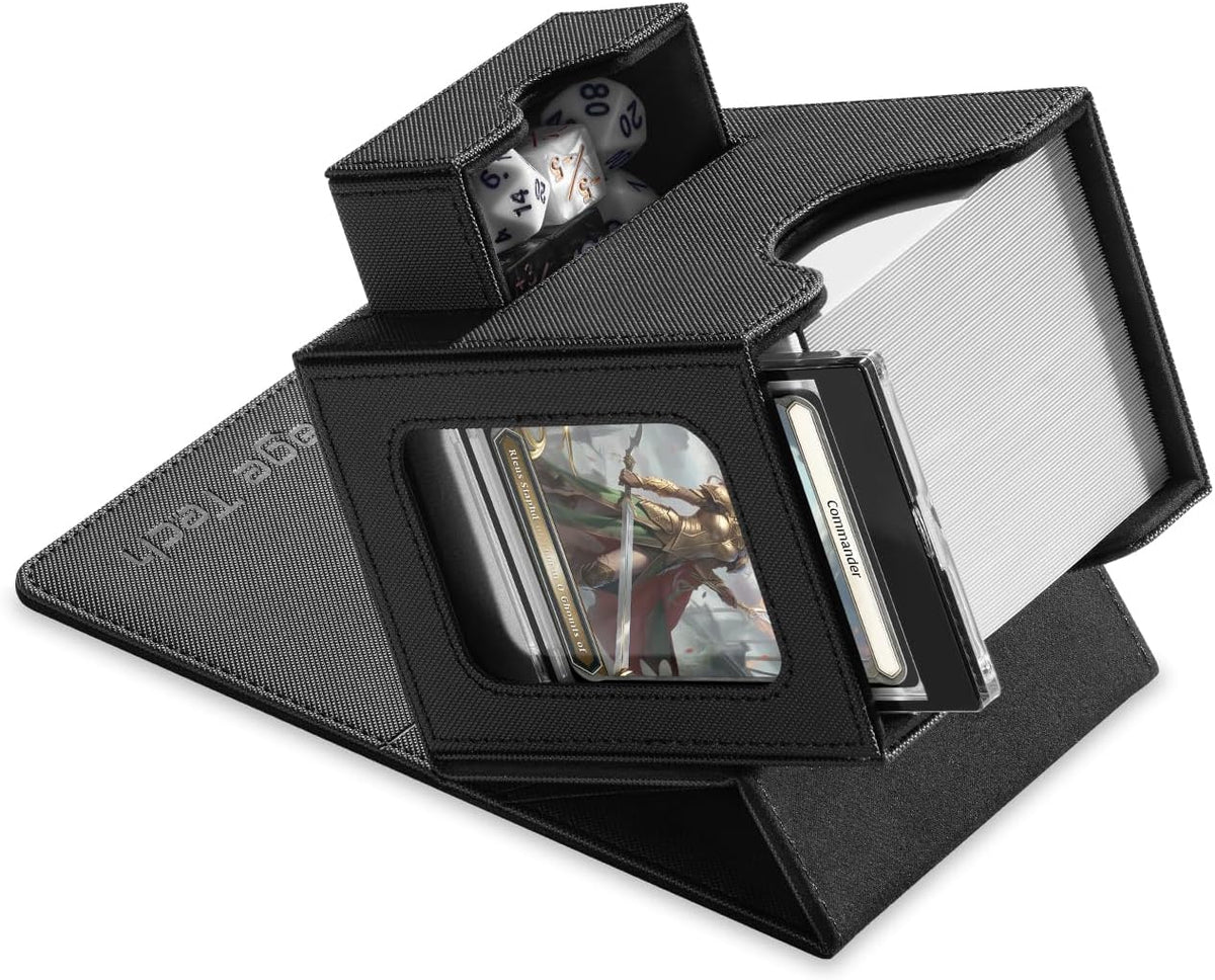 Mage Tech Card Deck Box for MTG Commander - Patented Design, Commander Display, Fits 100 Double-Sleeved Cards, 35Pt Card Brick & Dice Tray - Justice Black