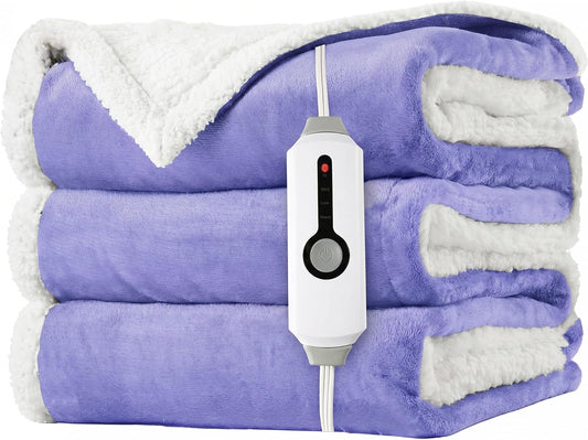 Laffylo Heated Throw Blanket 50 X 60, Fast Heating Electric Blanket, Dual-Sided Flannel Sherpa, 4 Heat Settings, 3 Hour Auto Off, Machine Washable, Light Purple